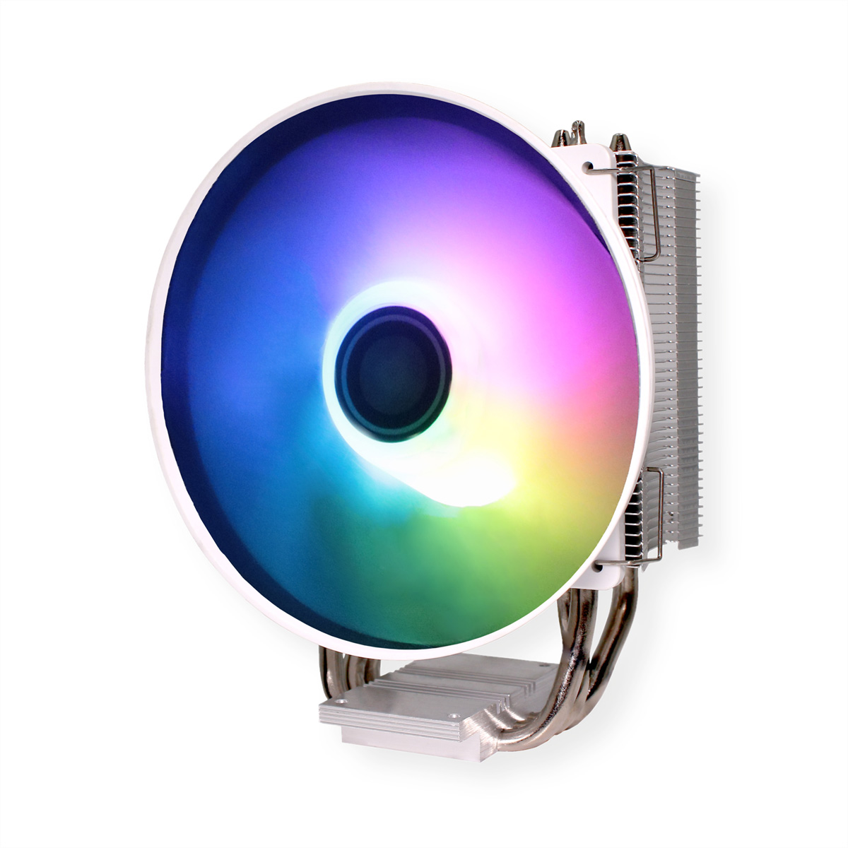 Ventilateur d'ordinateur avec lumière LED colorée. Le ventilateur est blanc.