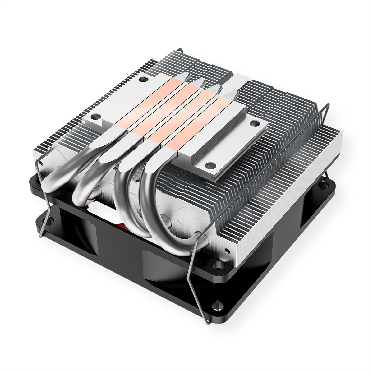 Ein CPU-Kühler mit Heatpipes, Lamellen und einem schwarzen Lüfter.