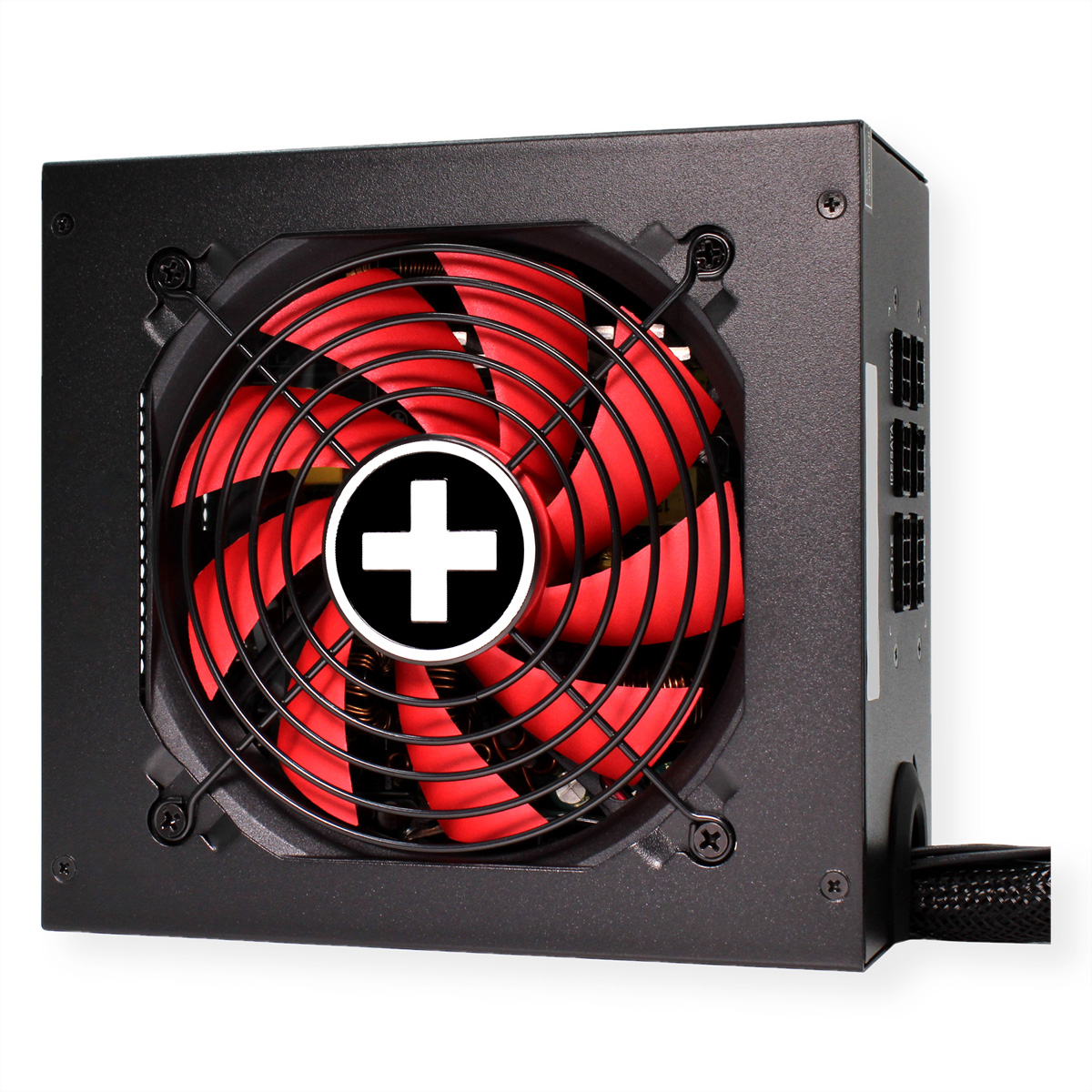 Un alimentatore per computer nero con ventola rossa e logo a croce bianco al centro.