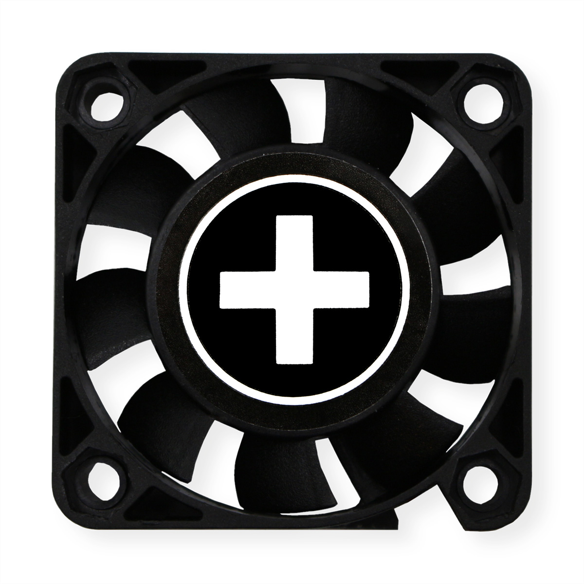 Schwarzer Ventilator. Schwarze Flügel. Weißes Plus-Symbol in der Mitte. Schwarzer Rahmen. Weißer Hintergrund.