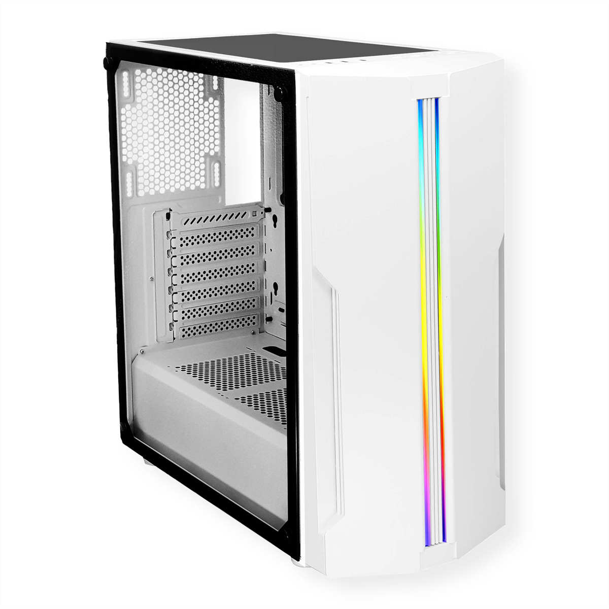 Weißes Computergehäuse mit Glas-Seitenwand und regenbogenfarbenen Lichtern auf der Vorderseite.
