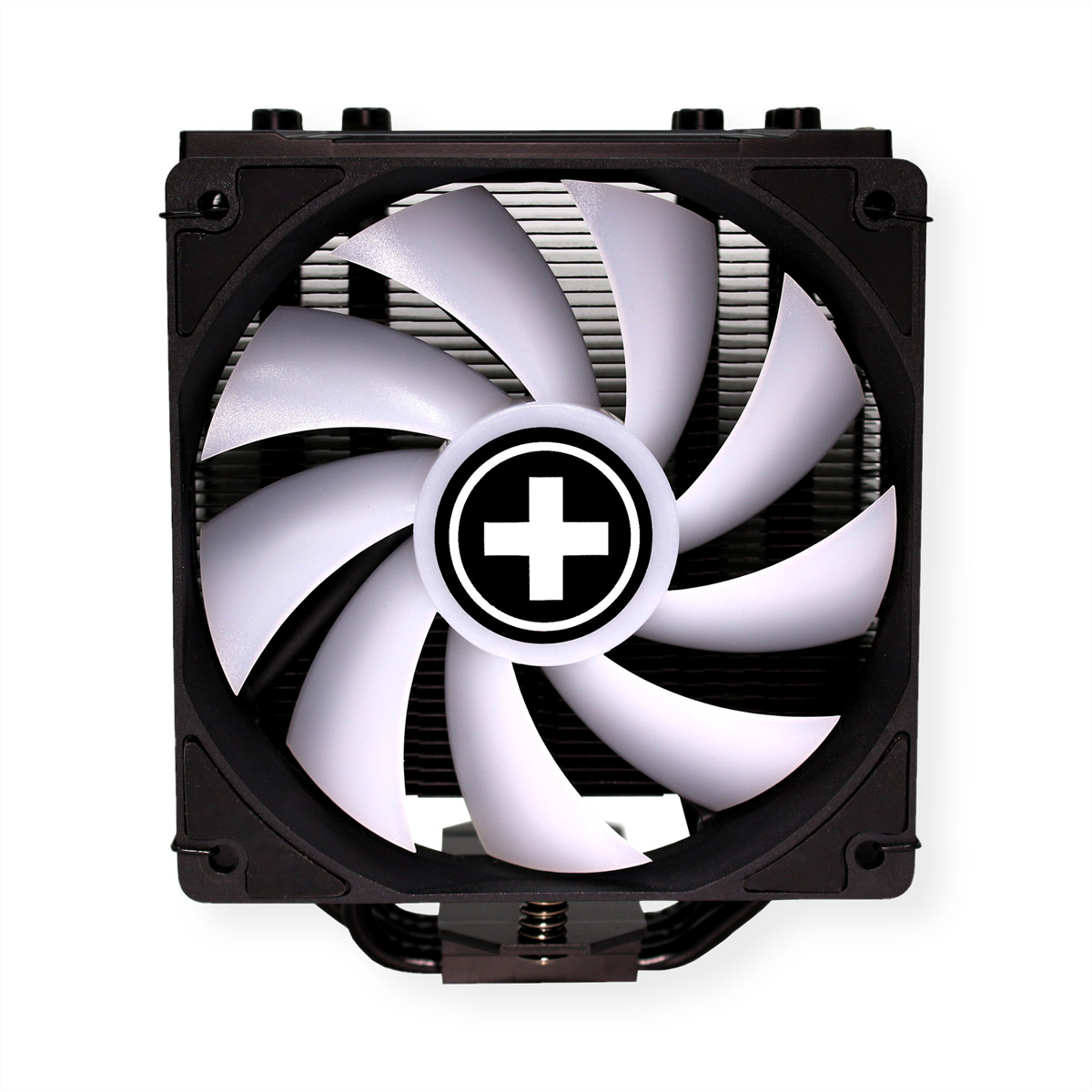 Computer-CPU-Kühler mit weißem Lüfter und schwarzem Rahmen. Er hat ein weißes Kreuzlogo.