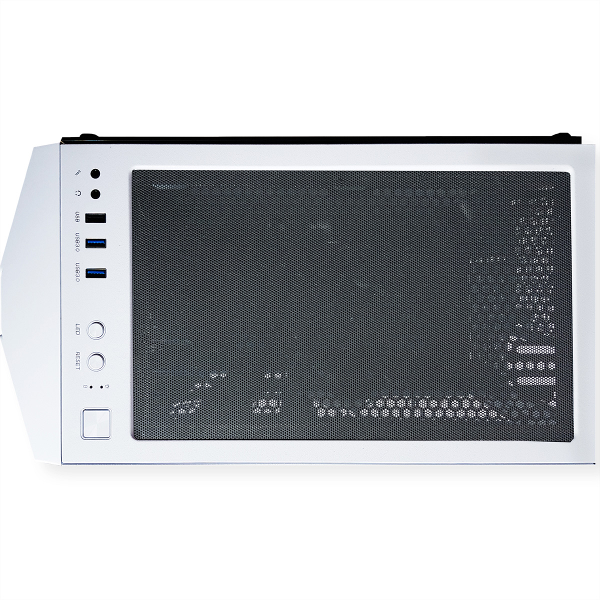 Weiße PC-Gehäusefront, mit Mesh, USB-Anschlüssen und Ein/Aus-Tasten.