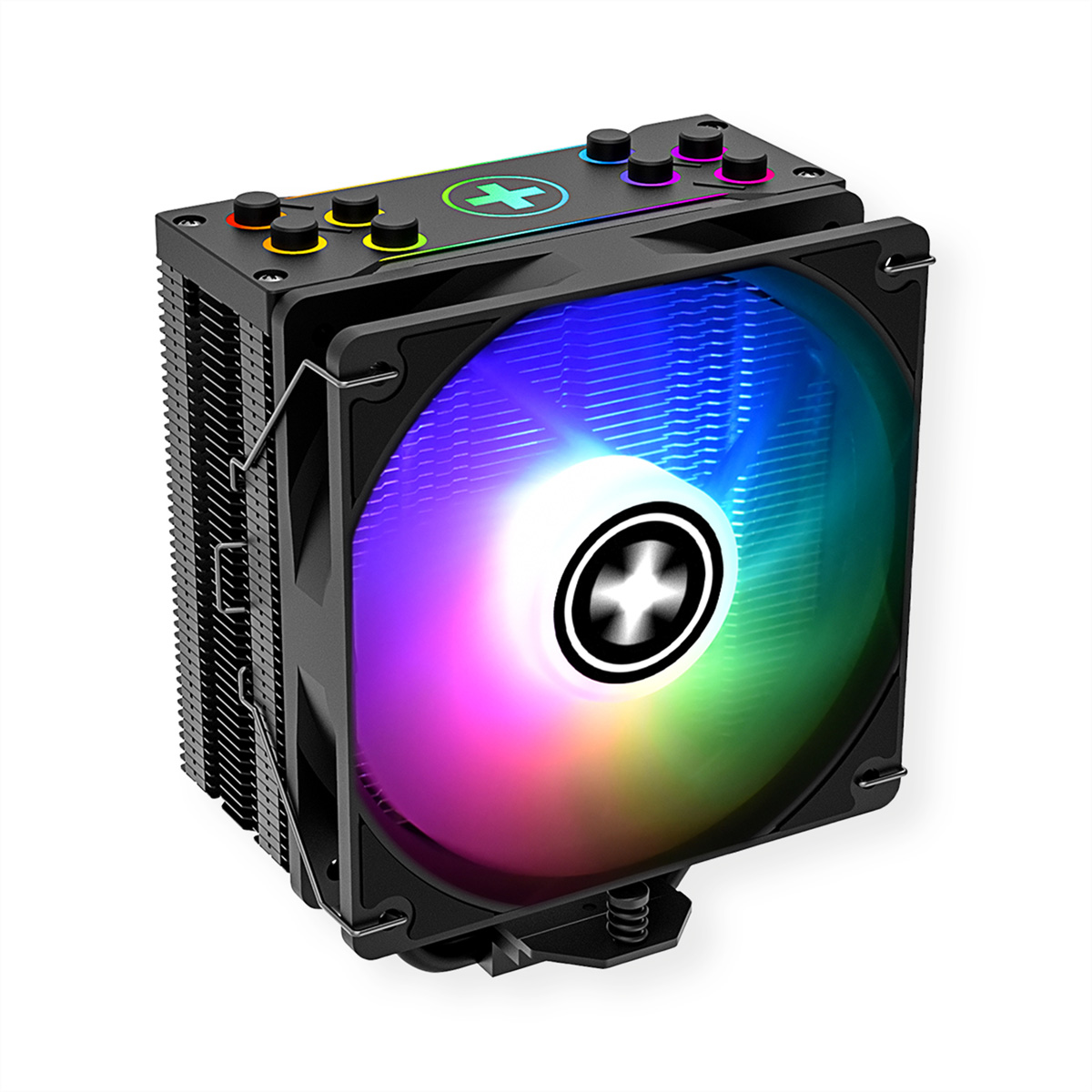 Ein schwarzer Computerlüfter mit einem farbenfrohen, regenbogenartigen Muster. Hat mehrere Knöpfe.