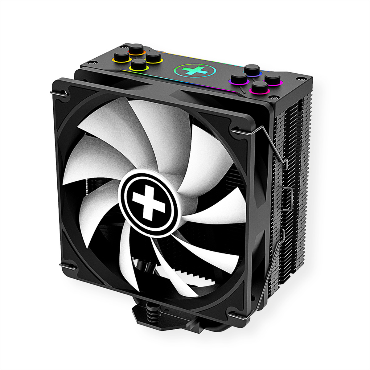 Schwarzer CPU-Kühler mit weißem und schwarzem Lüfter. Der Lüfter hat ein Pluszeichen in der Mitte.