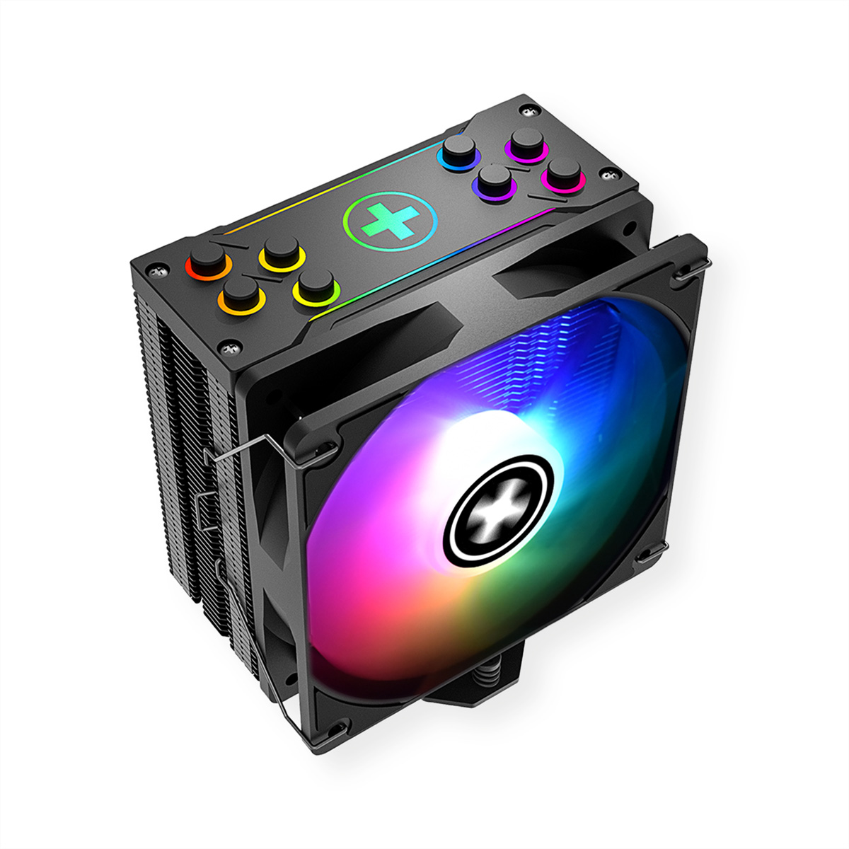 Schwarzer und grauer CPU-Kühler mit buntem Lüfter und Plus-Symbol oben.