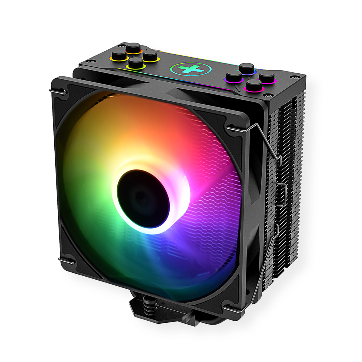 Computerlüfter mit bunten Lichtern. Der Lüfter ist schwarz mit Regenbogenverlauf in der Mitte.