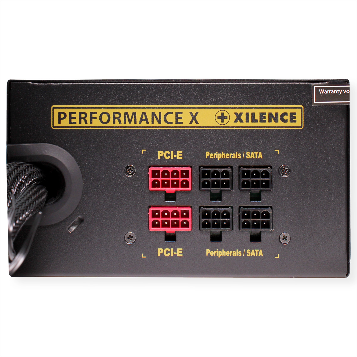 Alimentatore nero con connettori PCI-E e Peripherals/SATA.