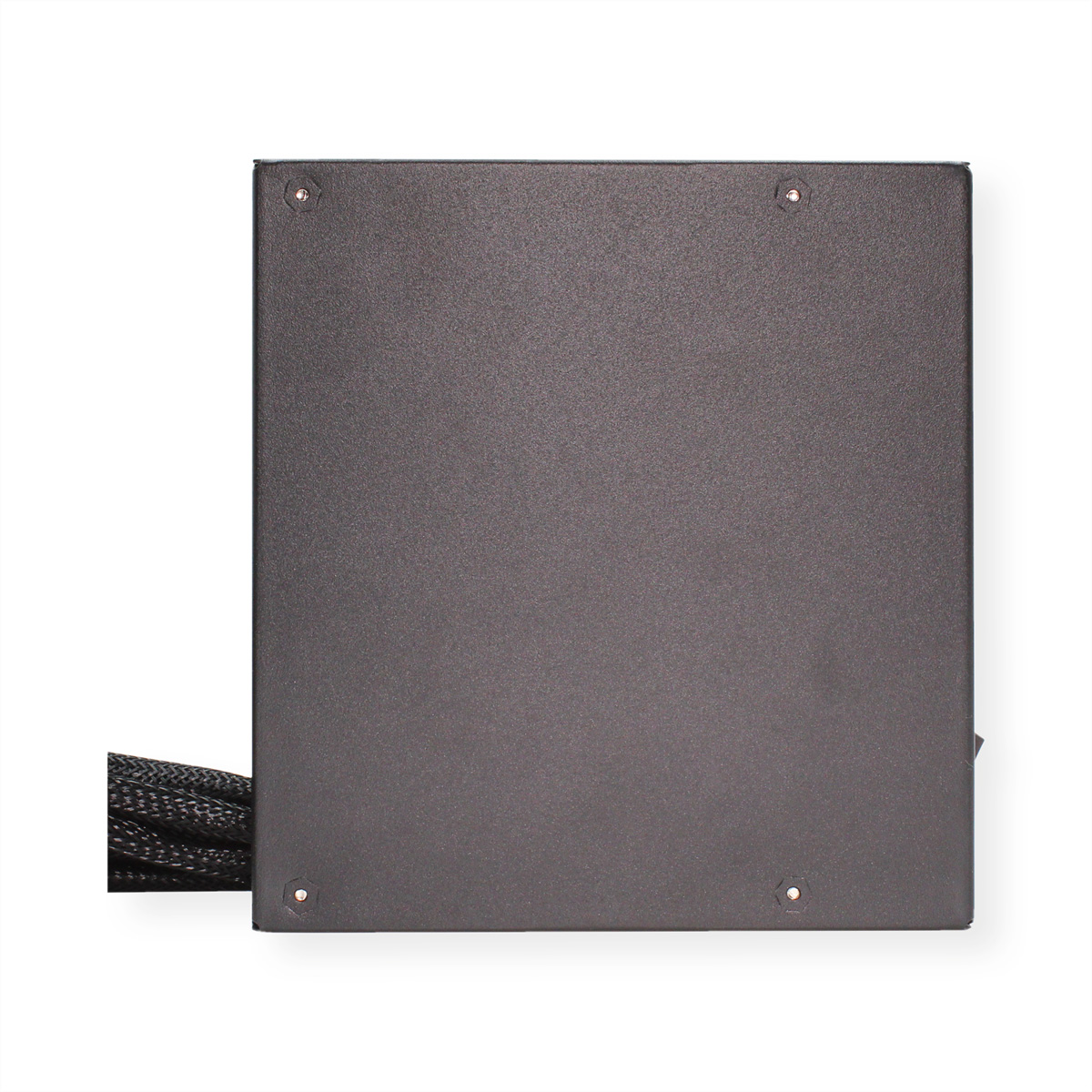 Un componente per computer quadrato grigio scuro. Ha viti ad ogni angolo e un cavo a sinistra.