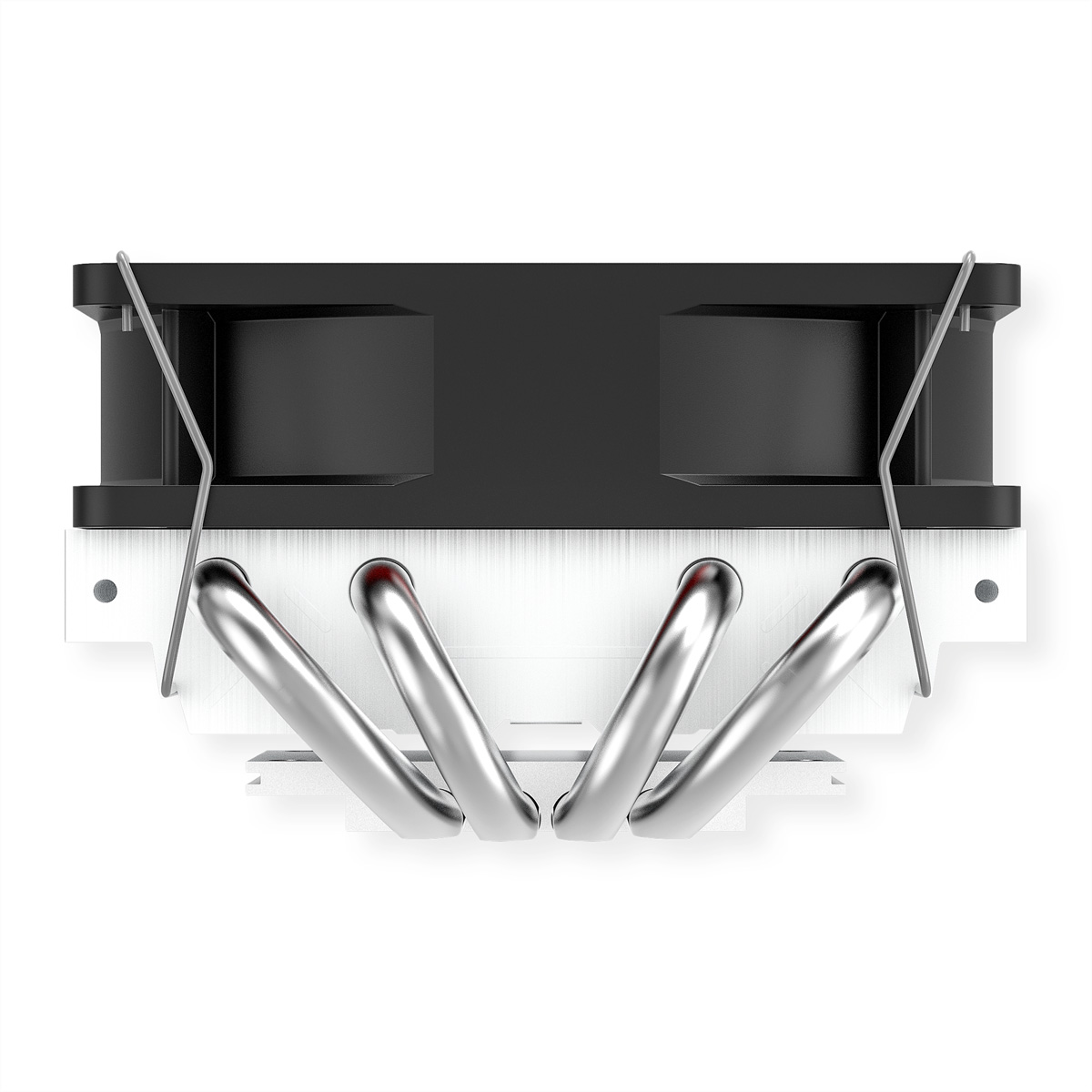 Ein schwarzer CPU-Kühler mit silbernen Heatpipes. Zwei Lüfter sind oben montiert. Der Hintergrund ist weiß.