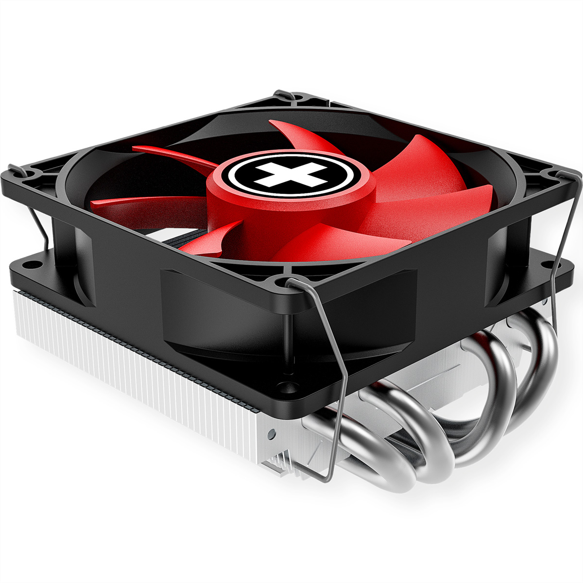 Schwarzer CPU-Kühler mit rotem Lüfter und weißem X-Logo. Silberne Heatpipes sind sichtbar.
