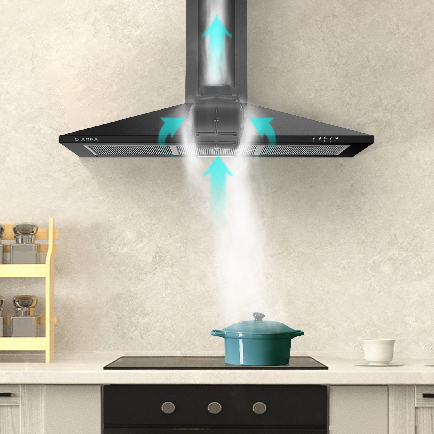 Campana extractora con flechas azules que indican el flujo de aire. Una olla en la estufa.