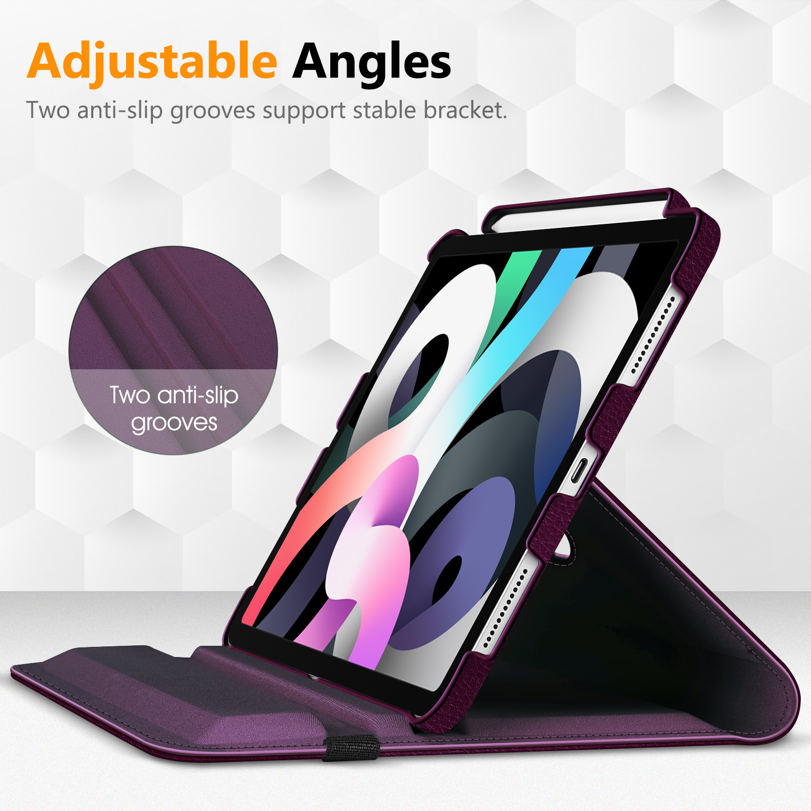Lila Tablet-Hülle mit iPad. Ein Text hebt verstellbare Winkel hervor.