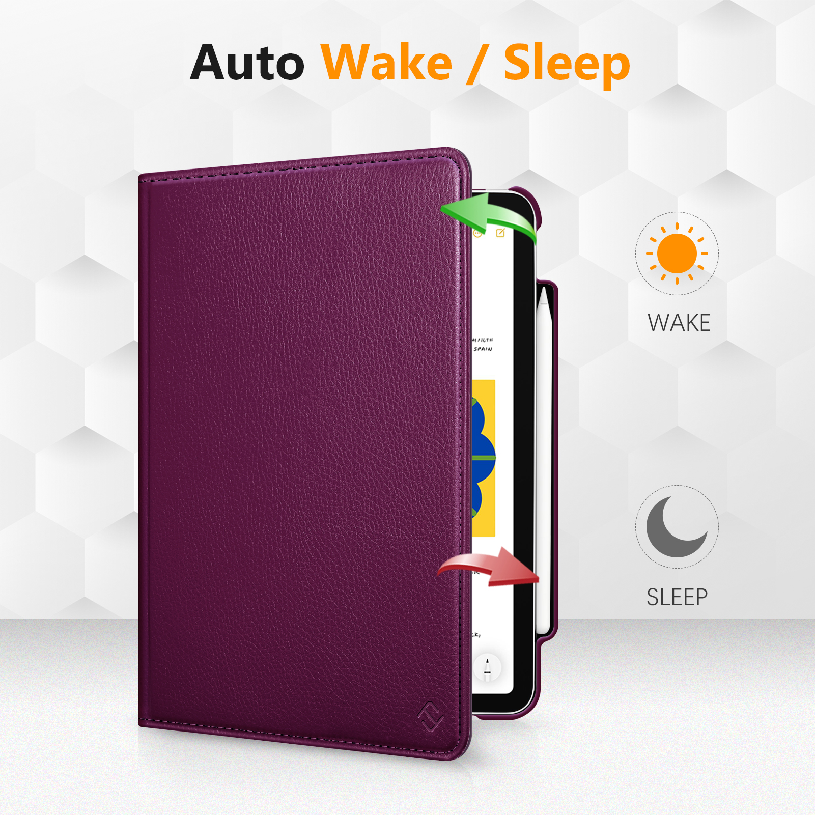 Eine lila Tablethülle mit einem Tablet darin, das Auto Wake/Sleep-Funktionen zeigt.
