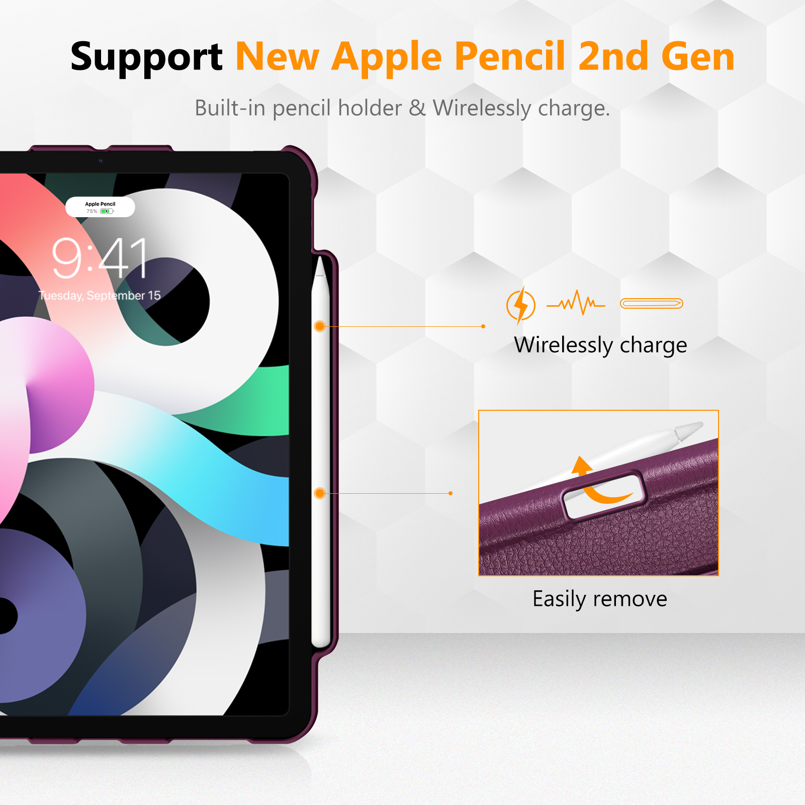 Ein iPad mit lila Hülle und weißem Stift. Anmerkungen heben Funktionen wie kabelloses Laden hervor.