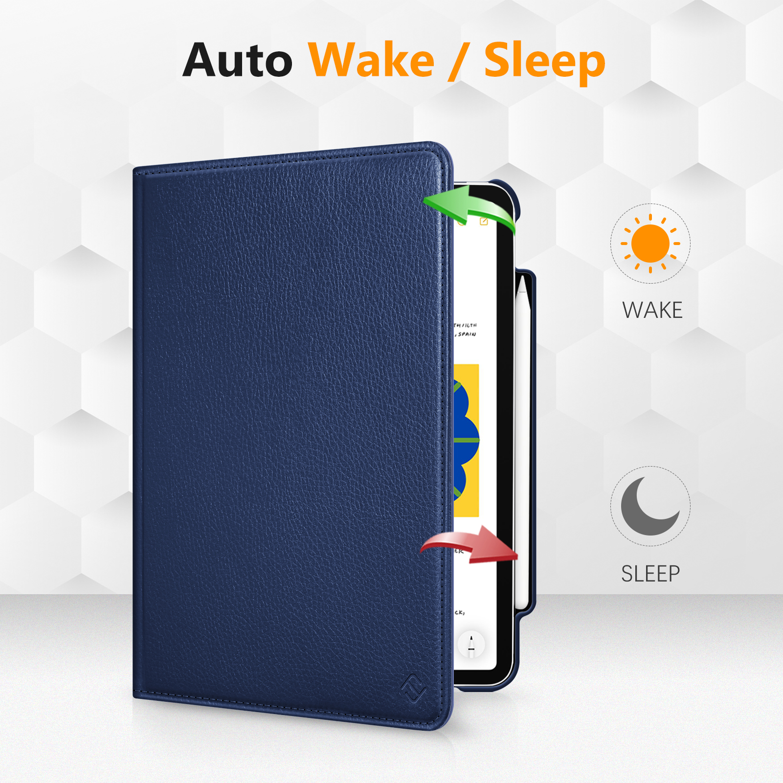 Blaue Tablethülle mit Auto-Wake/Sleep-Funktion. Illustrationen: Sonne und Mond mit Pfeilen.