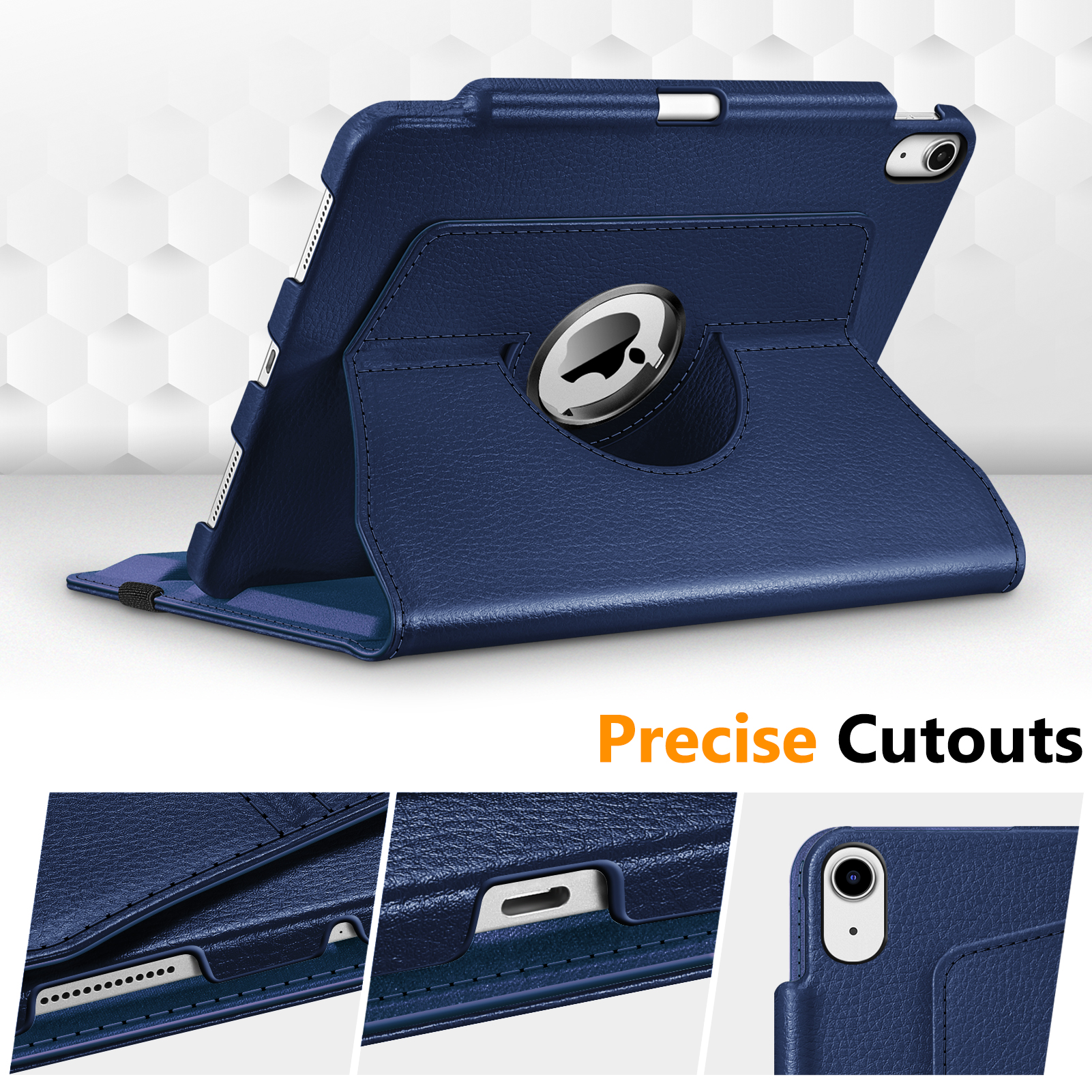 Blaue Leder-iPad-Hülle mit präzisen Aussparungen für das Tablet.