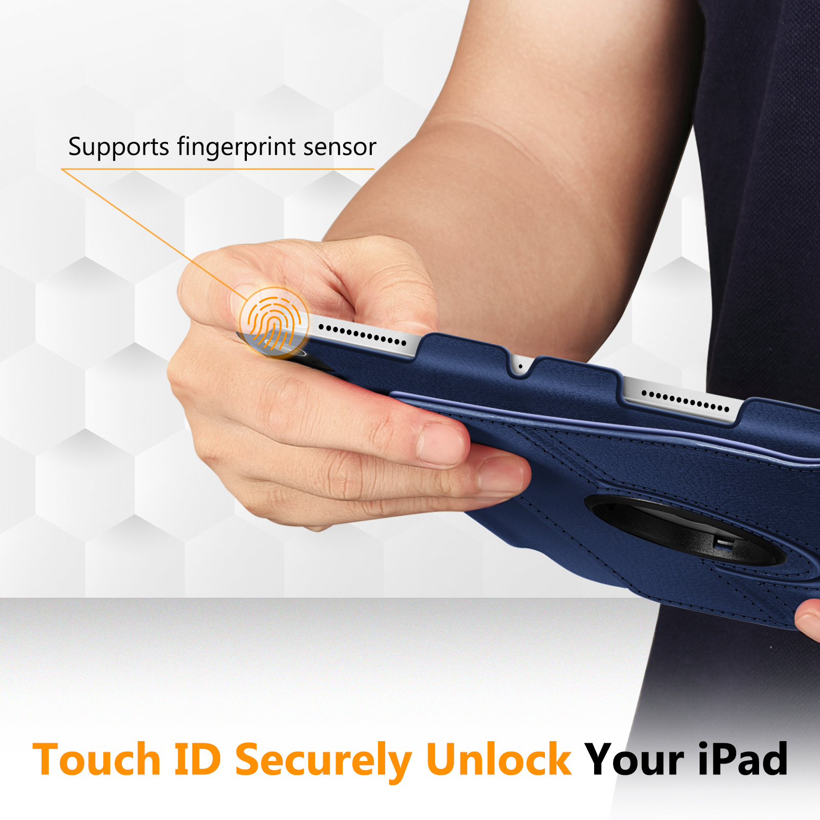 Die Hand einer Person, die ein blaues Tablet mit Fingerabdrucksensor hält, mit dem Text 'Touch ID Securely Unlock Your iPad'.