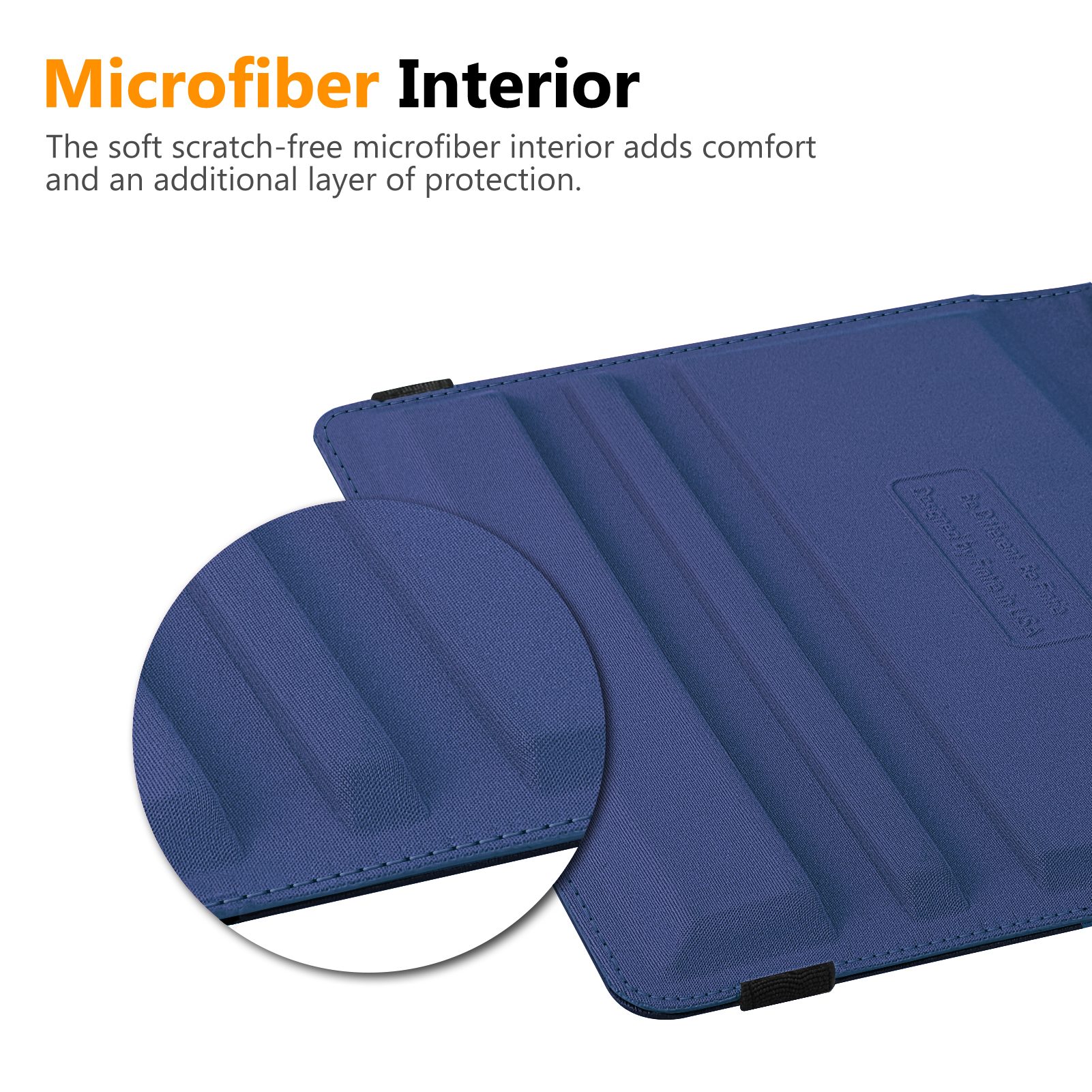 Nahaufnahme des Inneren einer blauen Tablethülle mit Mikrofaserstruktur.