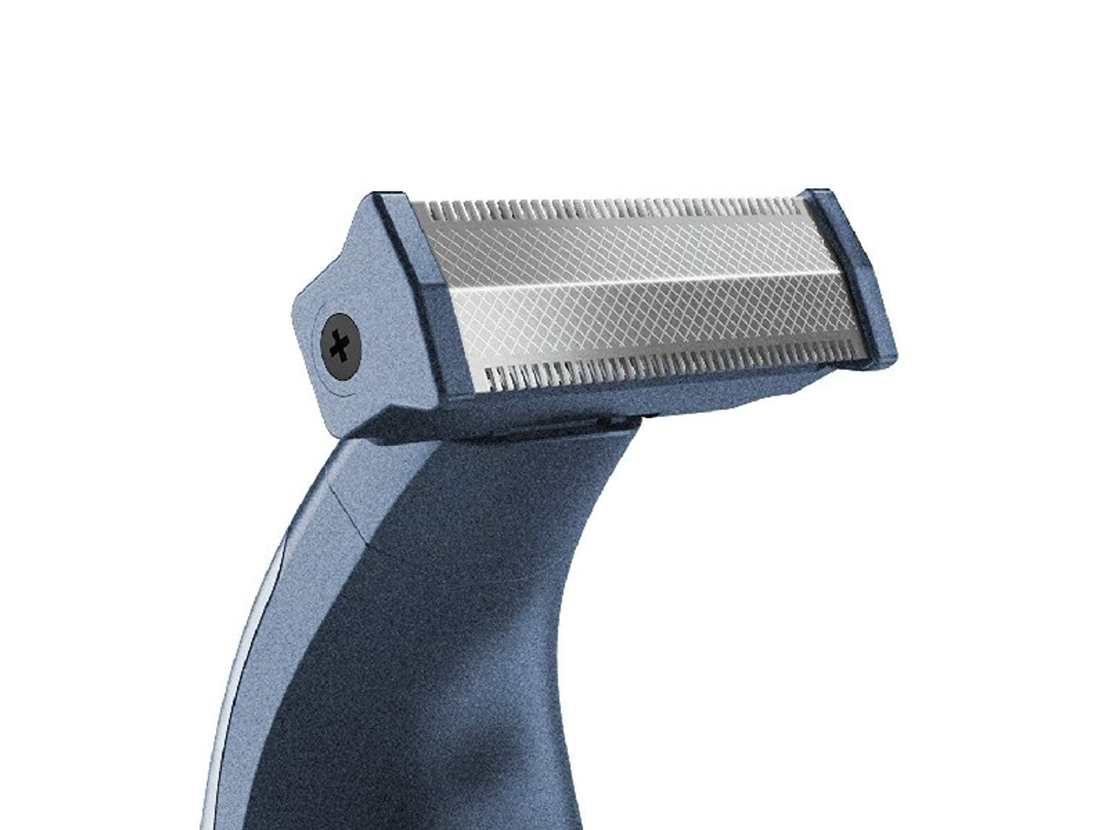 Un primer plano de un cabezal de cuchilla de afeitar con un mango azul oscuro.
