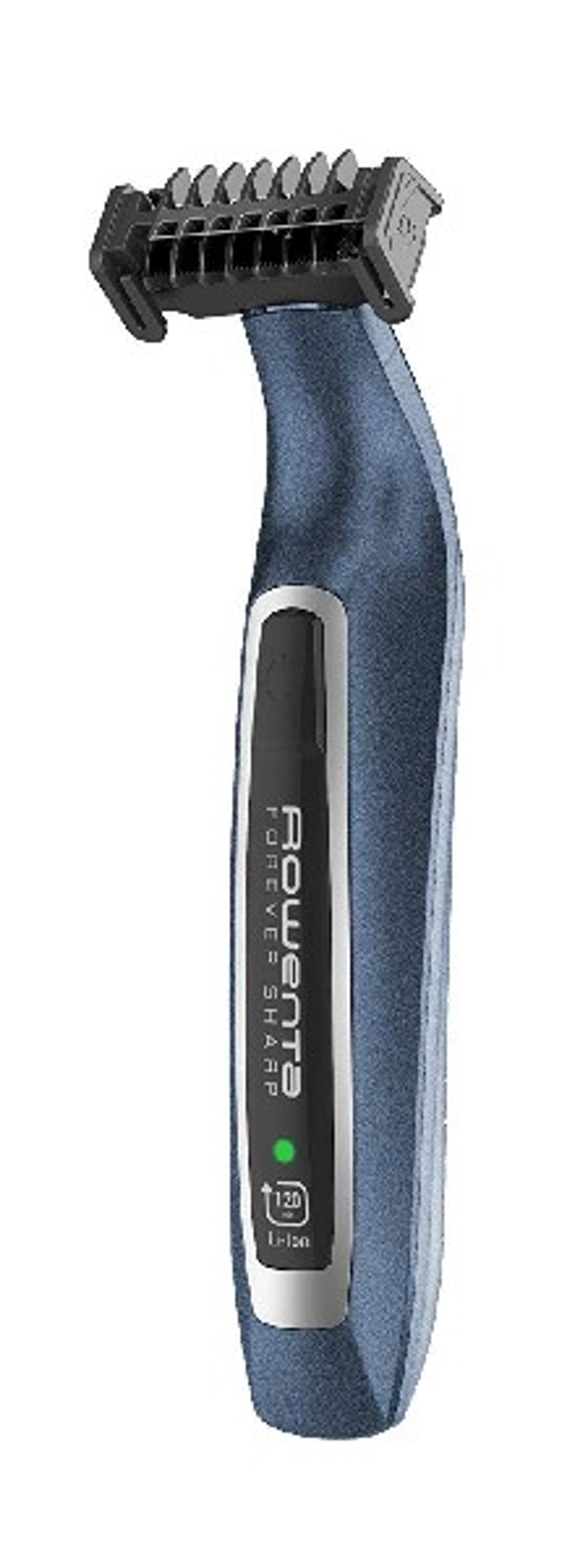 Recortadora corporal azul y gris. Tiene un protector de cuchilla. El texto dice: Rowenta FOREVER SHARP.