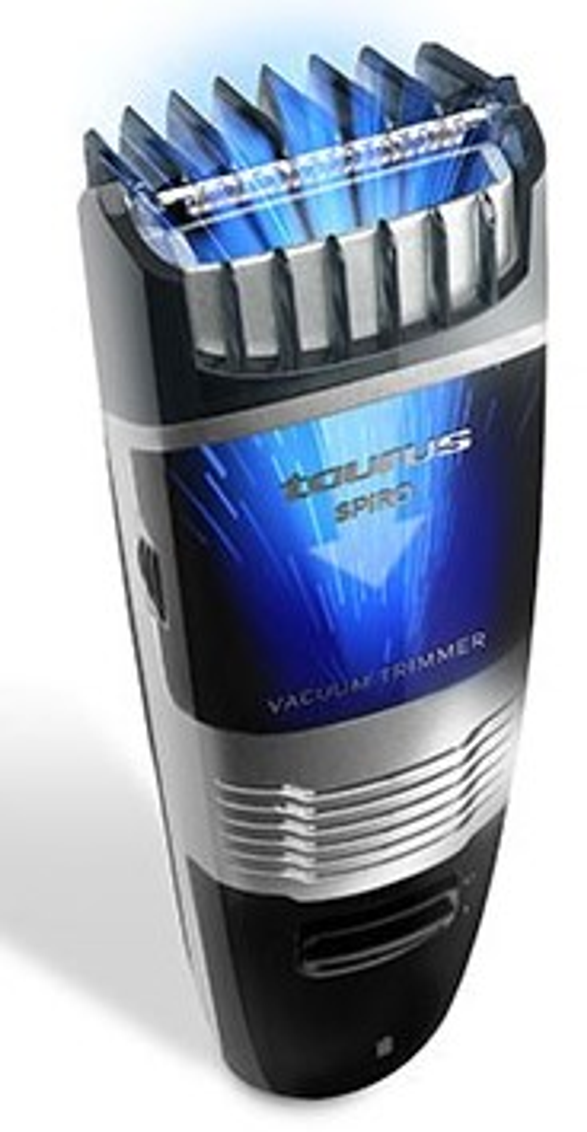 Un recortador de barba eléctrico negro y plateado con detalles de luz azul y nombre de marca.