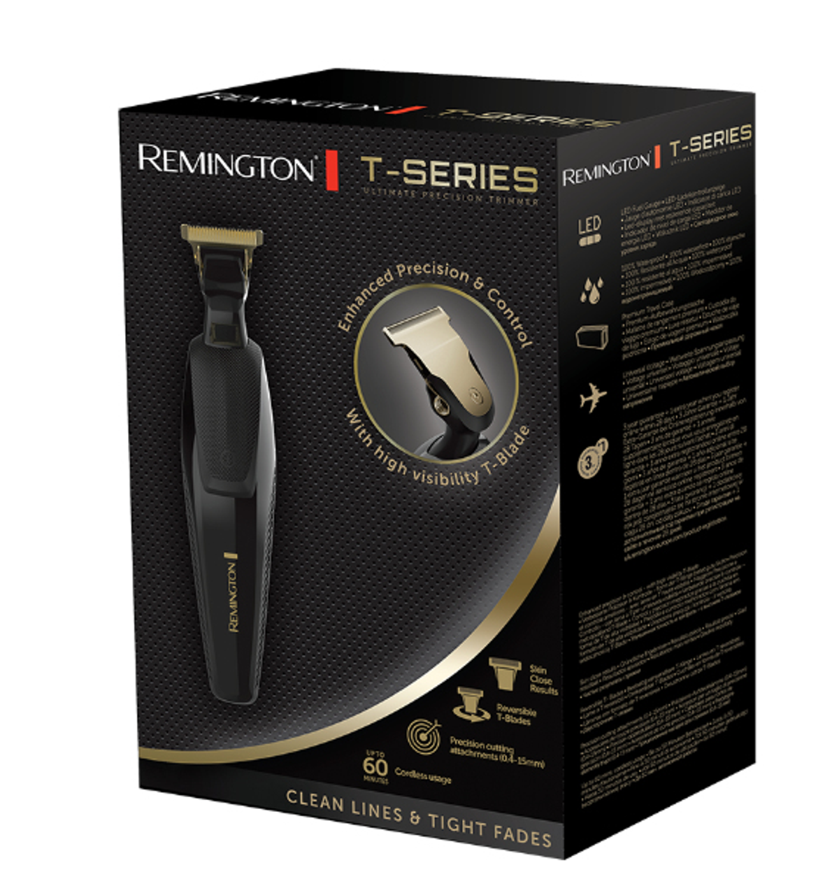 Pudełko trymera Remington T-Series, czarno-złoty design. Pokazuje trymer.