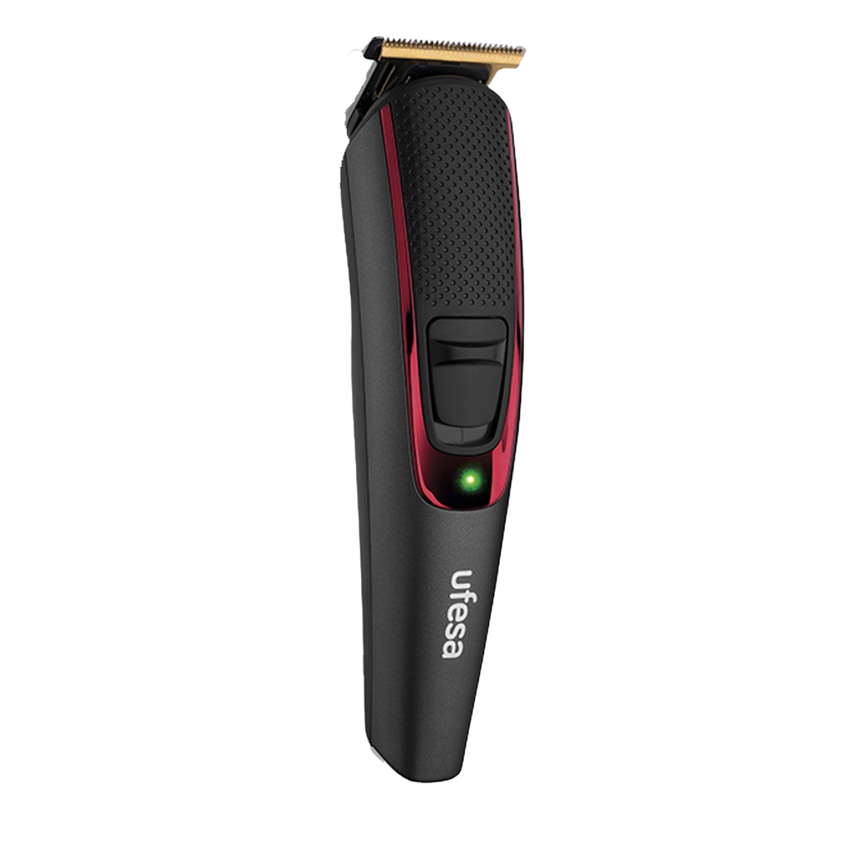 Un trimmer elettrico nero e rosso con indicatore di alimentazione verde e logo ufesa.