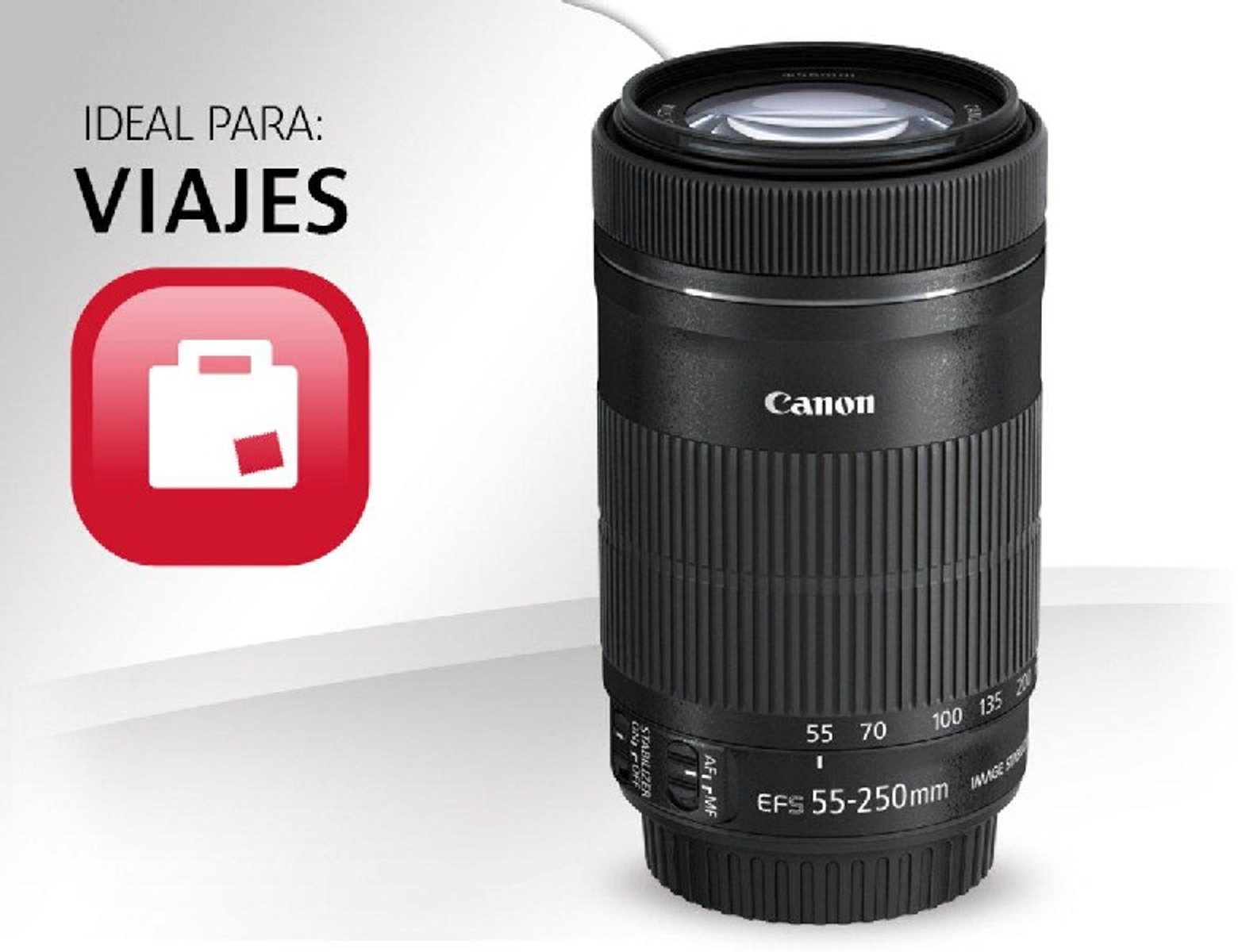 Czarny obiektyw z logo Canon, białe tło.