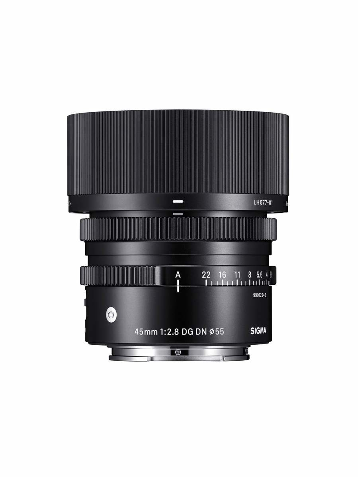 Czarny obiektyw Sigma 45mm 1:2.8 DG DN. Pierścień ostrości, ustawienia przysłony.