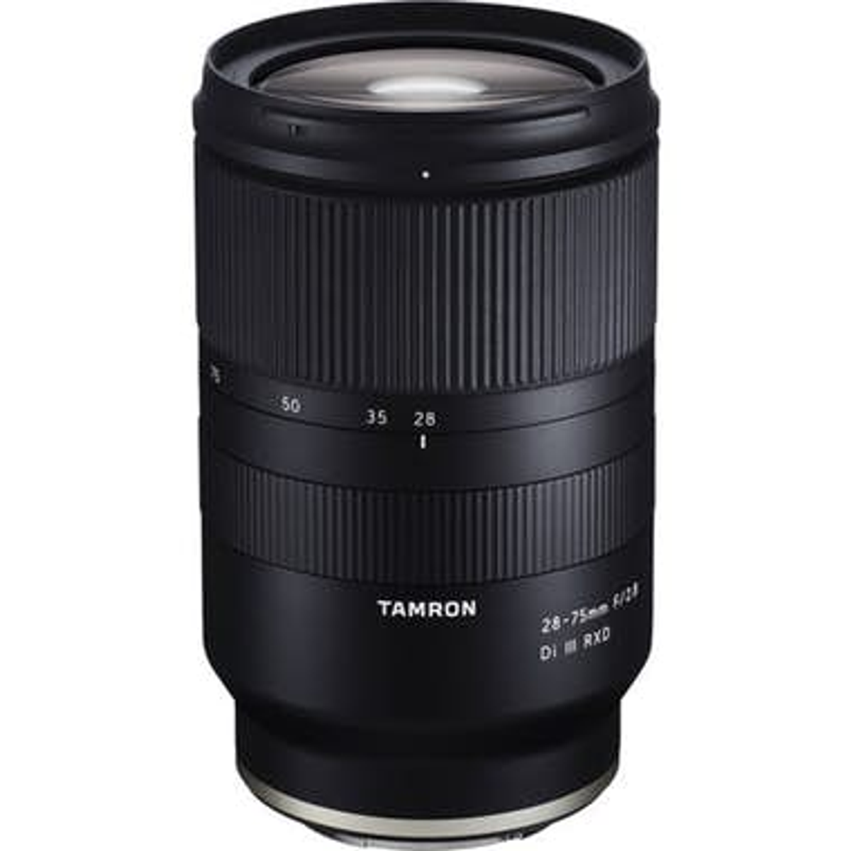 Ein schwarzes Tamron 28-75mm Kameraobjektiv mit detaillierten Ringen und Beschriftungen.