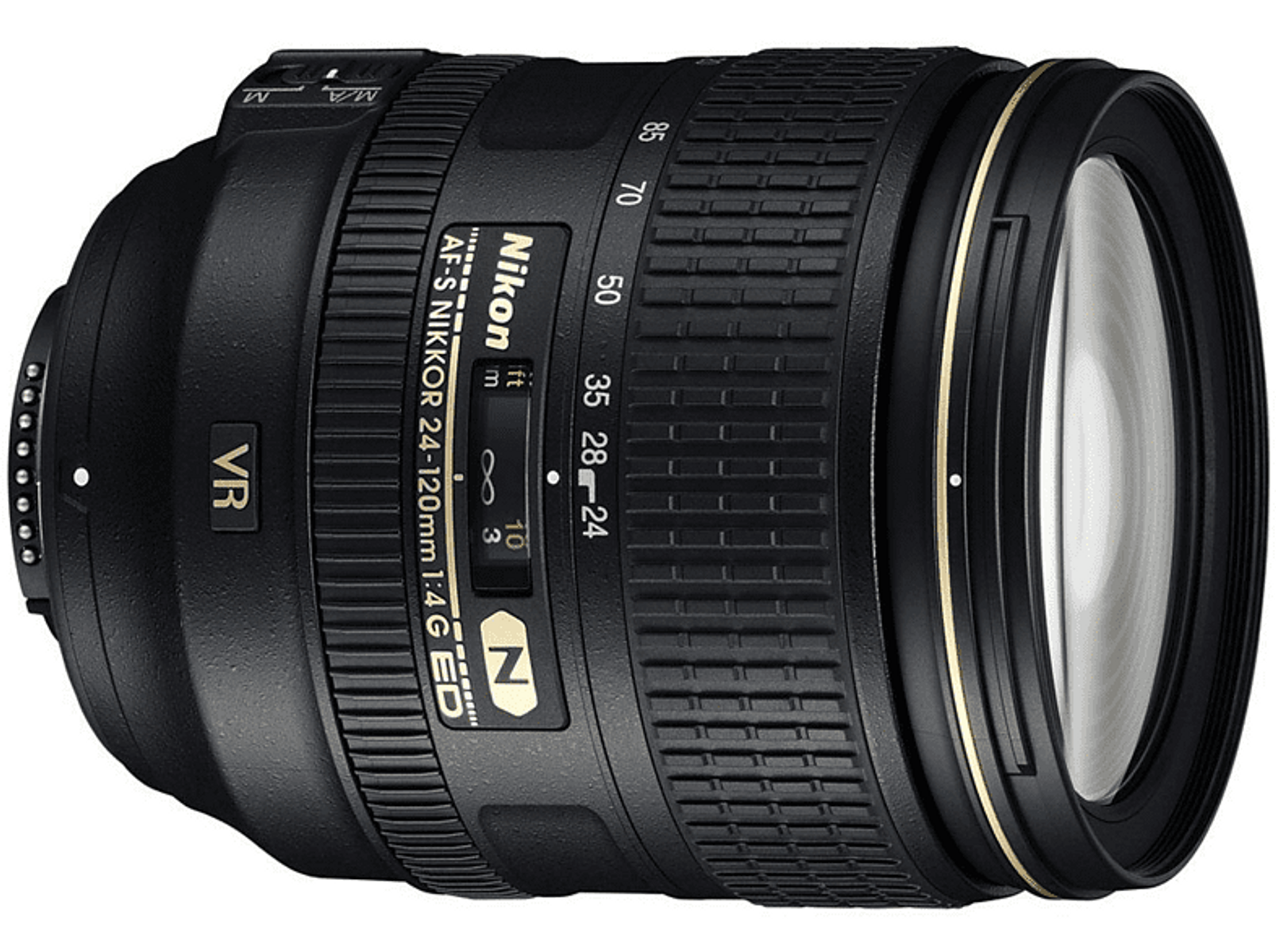 Un objetivo de cámara Nikon, negro, con marcas de distancia focal y un anillo dorado, sobre fondo blanco.