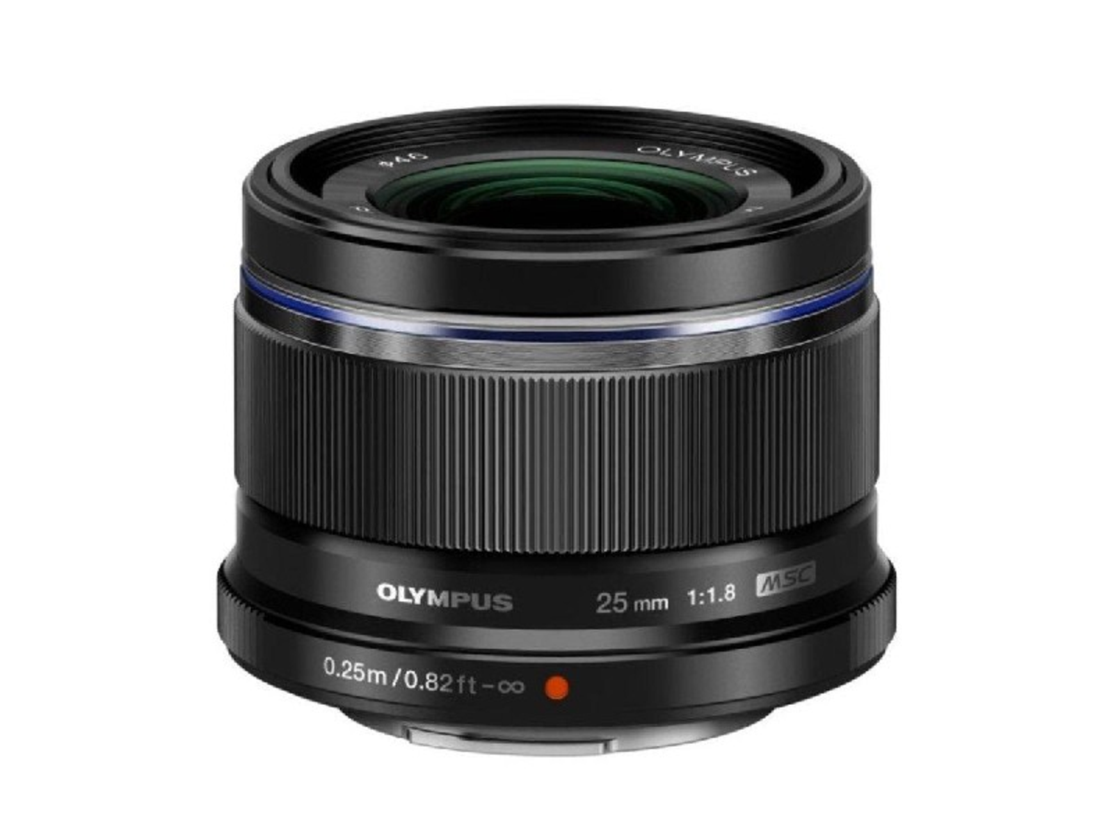 Czarny obiektyw do aparatu Olympus. Ma srebrny pierścień i szczegóły tekstowe wokół korpusu.