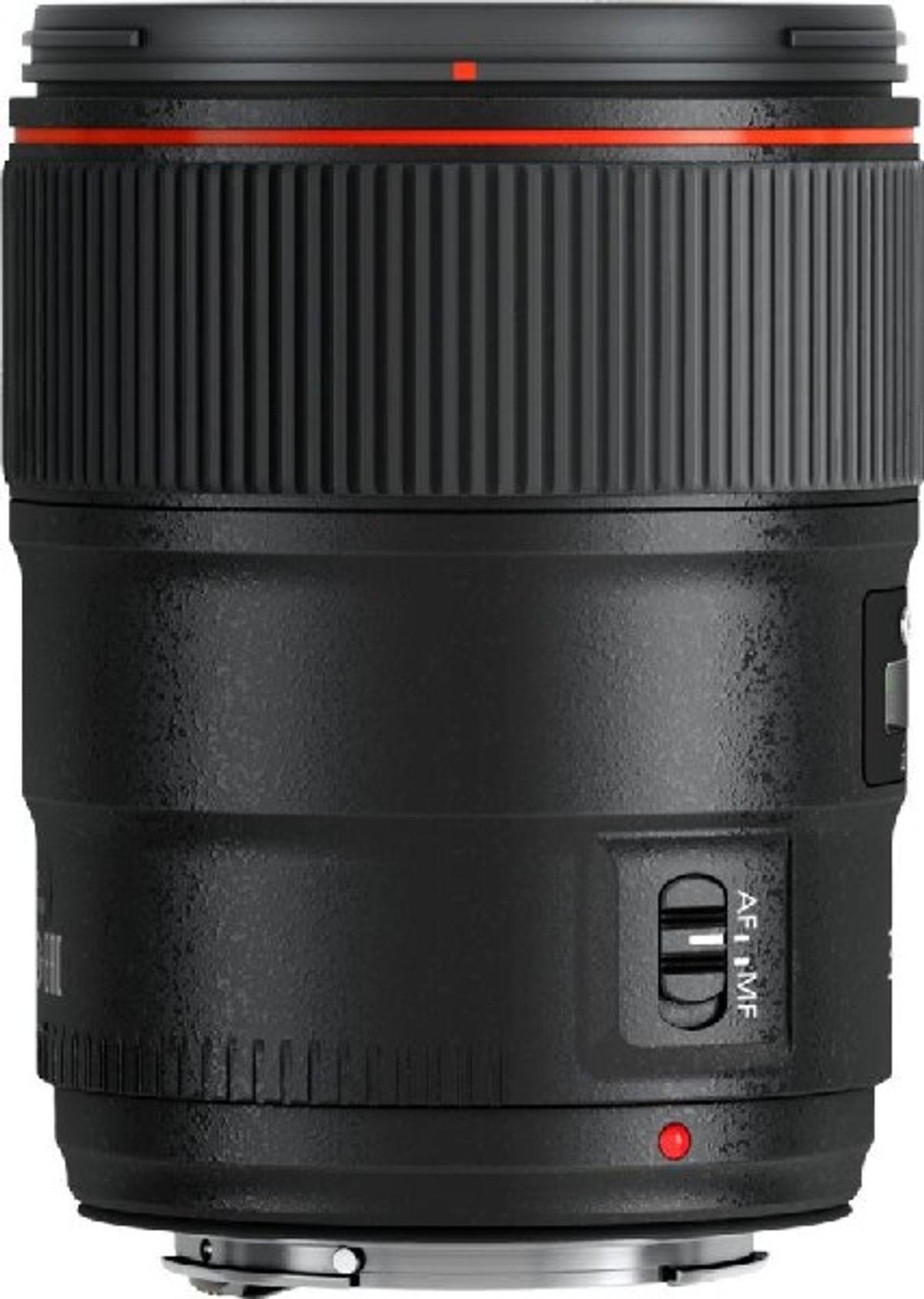 Czarny obiektyw Canon z czerwonym pierścieniem. Przełącznik trybu ostrości. Karbowany korpus, z logo Canon.