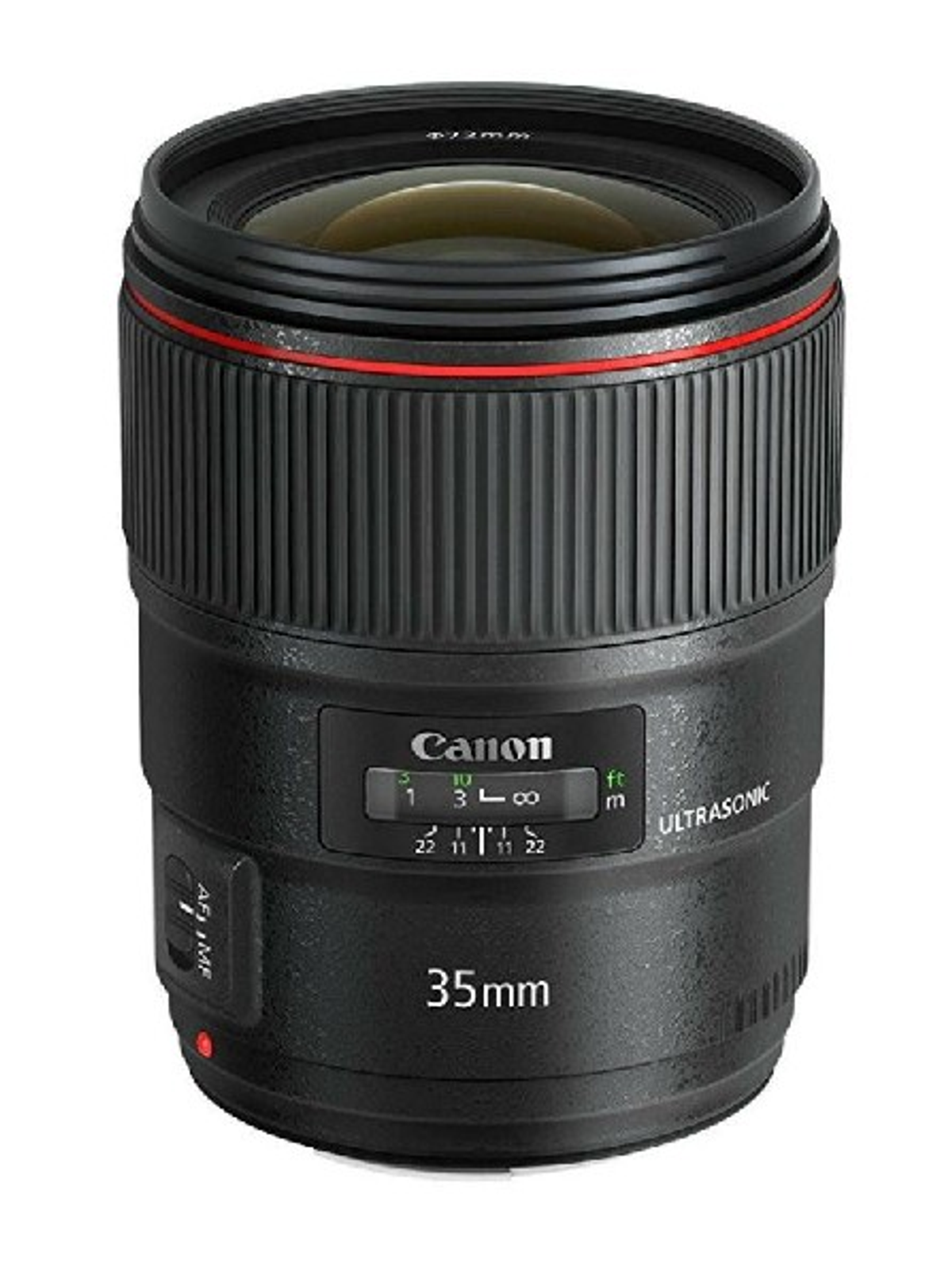 Czarny obiektyw Canon 35mm z czerwonym pierścieniem. Tekst brzmi '35mm' i 'ULTRASONIC'.
