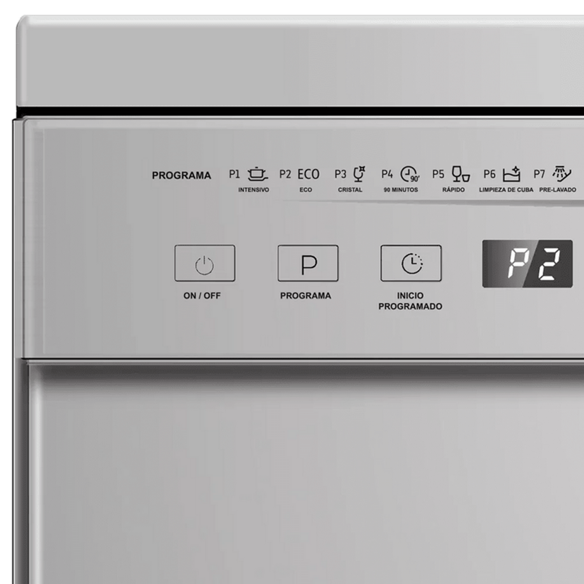 Primer plano del panel de control de un lavavajillas con opciones de programa y pantalla digital.
