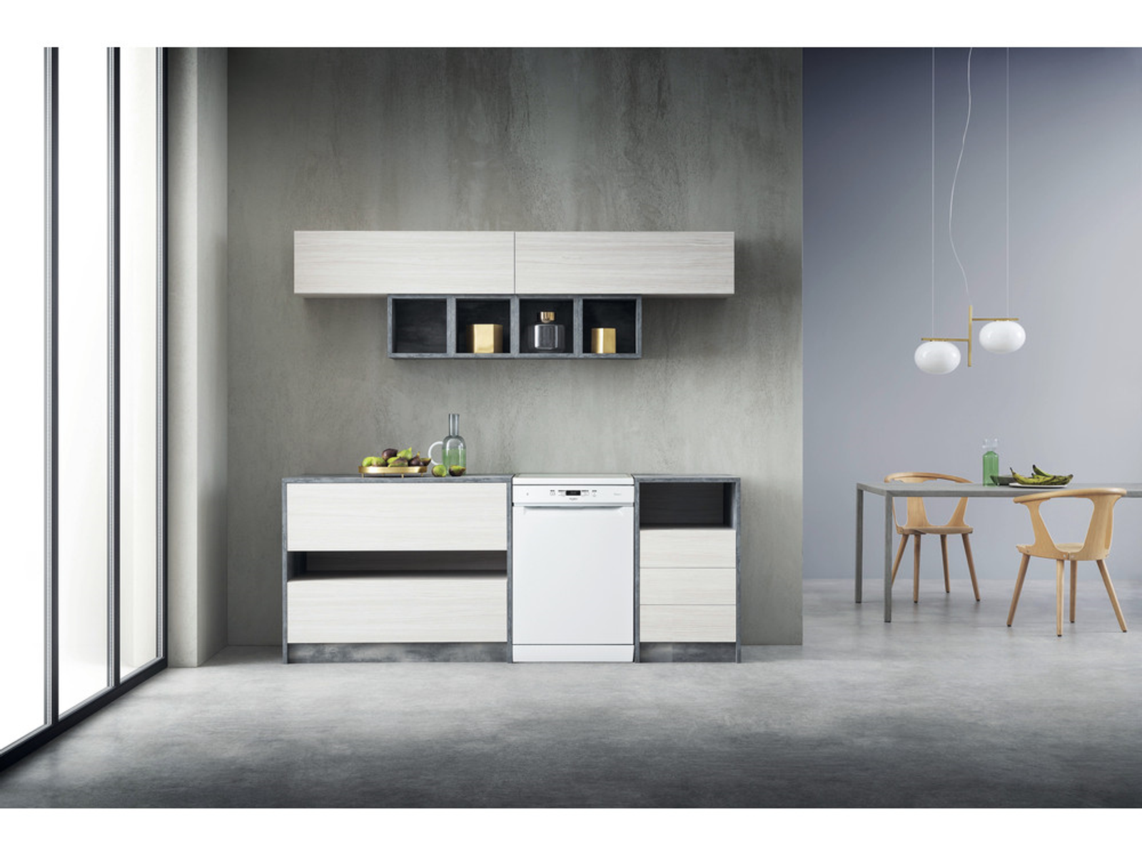 Nowoczesna kuchnia z białą zmywarką, szafkami oraz szarymi ścianami i podłogą.