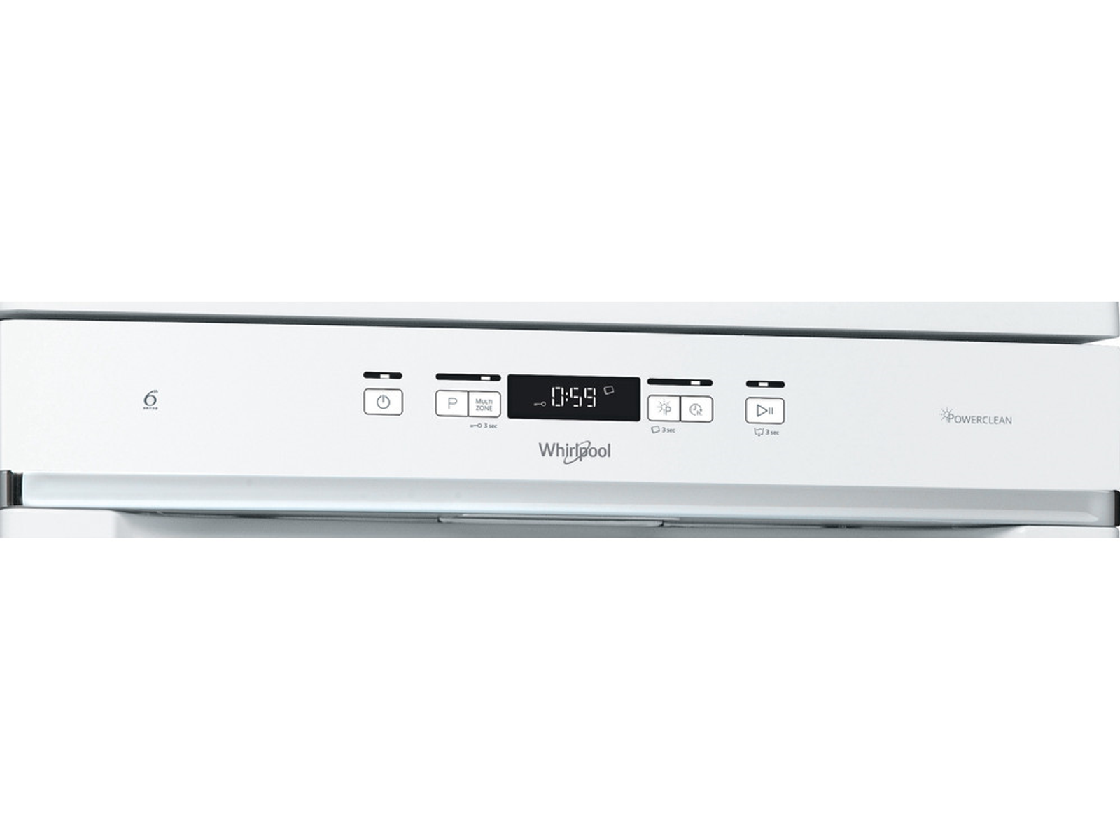 Zbliżenie białego panelu sterowania zmywarki Whirlpool z przyciskami, wyświetlaczem i etykietą PowerClean.