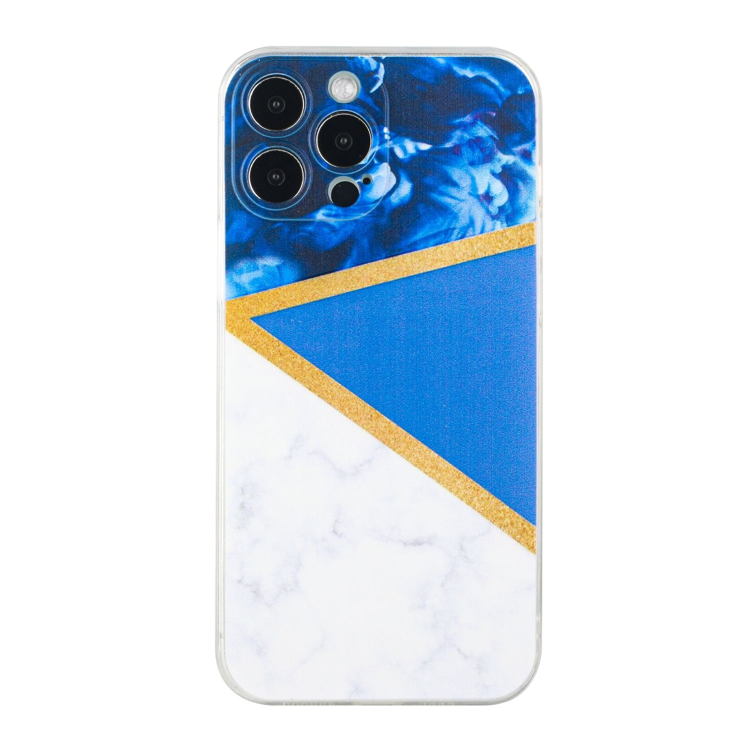 Eine Handyhülle mit blauem, goldenem und weißem geometrischem Design und mehreren Kameralinsen.