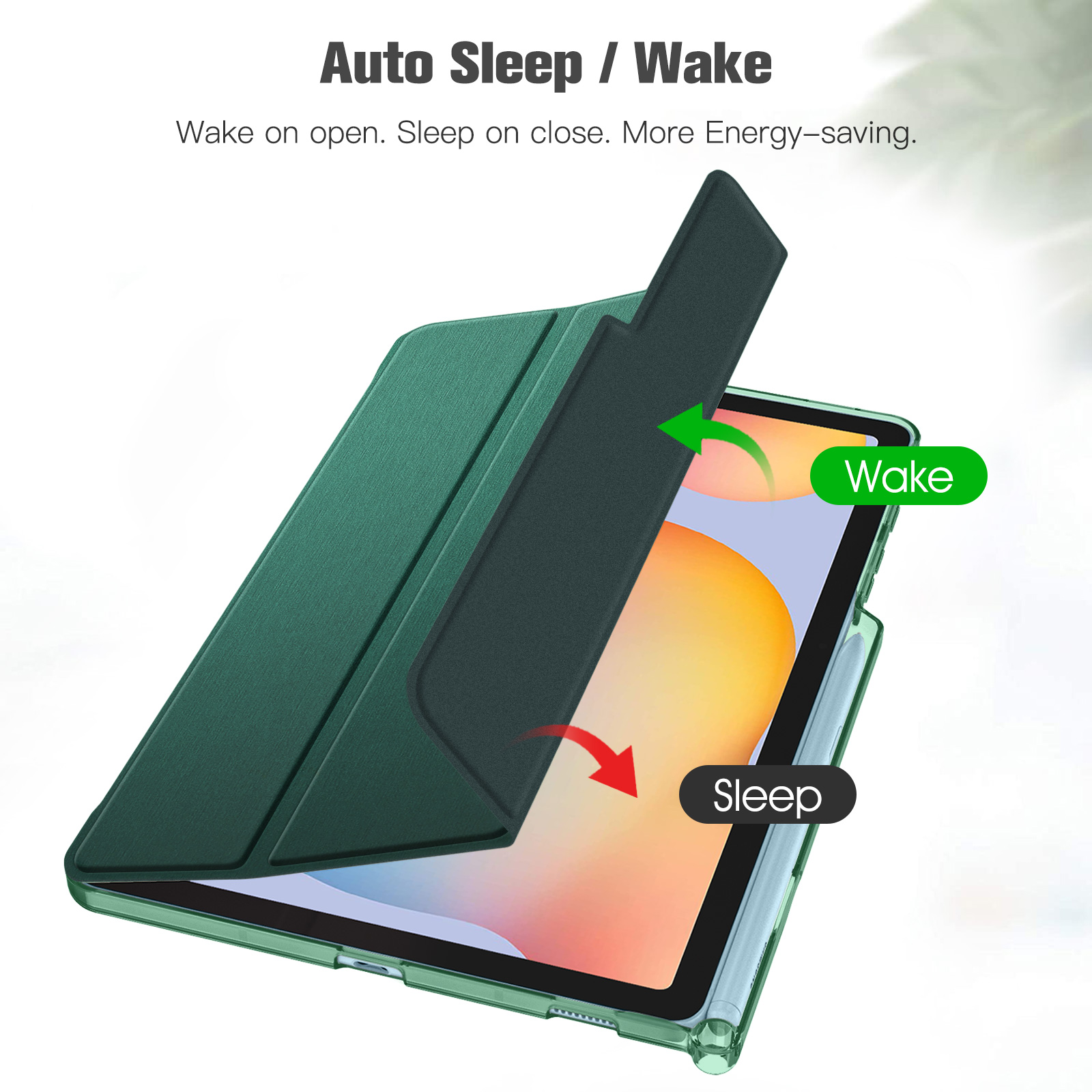 Grüne Tablet-Hülle. Tablet geöffnet. Text: Auto Sleep/Wake. Grüne und rote Pfeile.