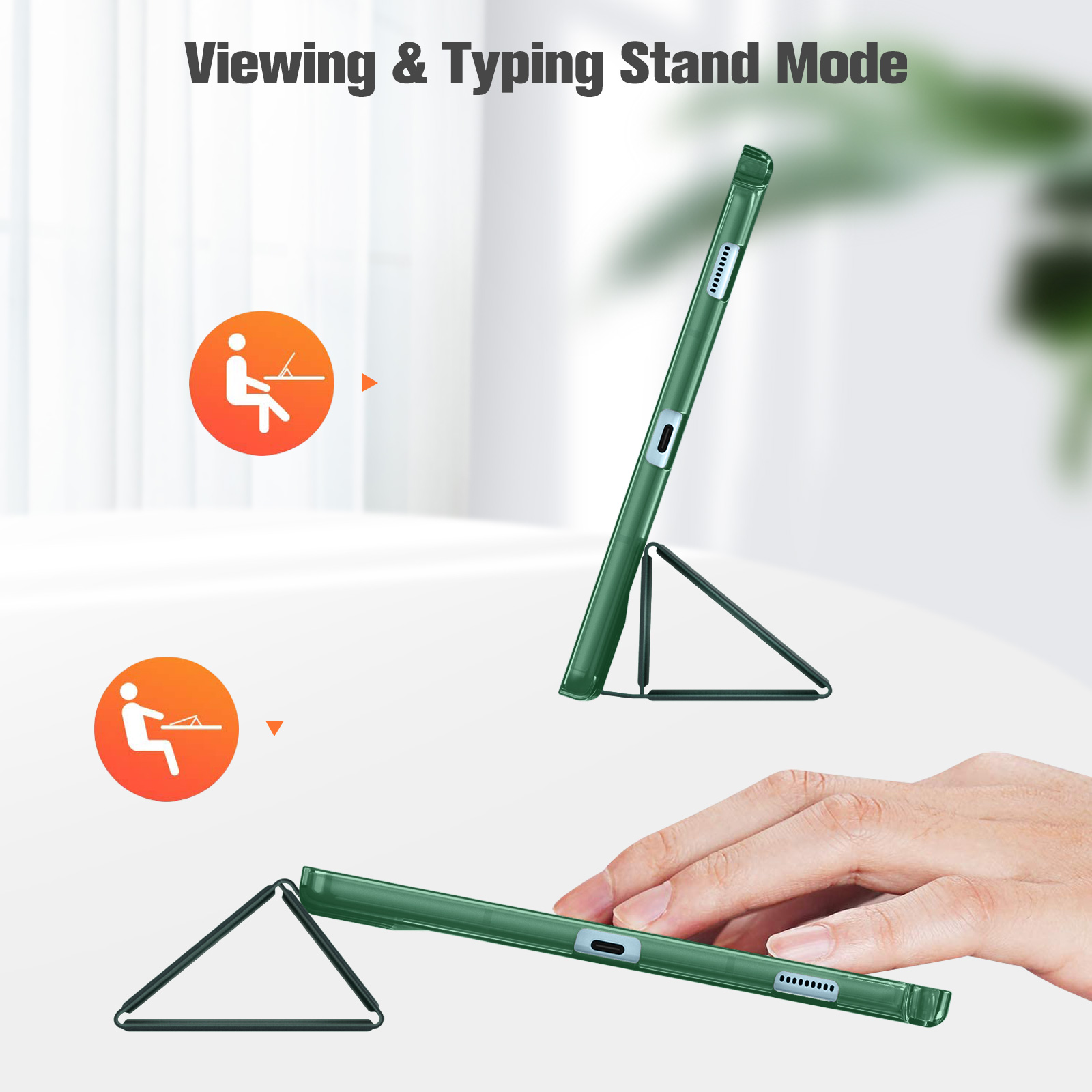 Grüne Tablet-Hülle im Standmodus. Hand hält die Hülle. Symbole zeigen Ansichts- und Tippmodi.