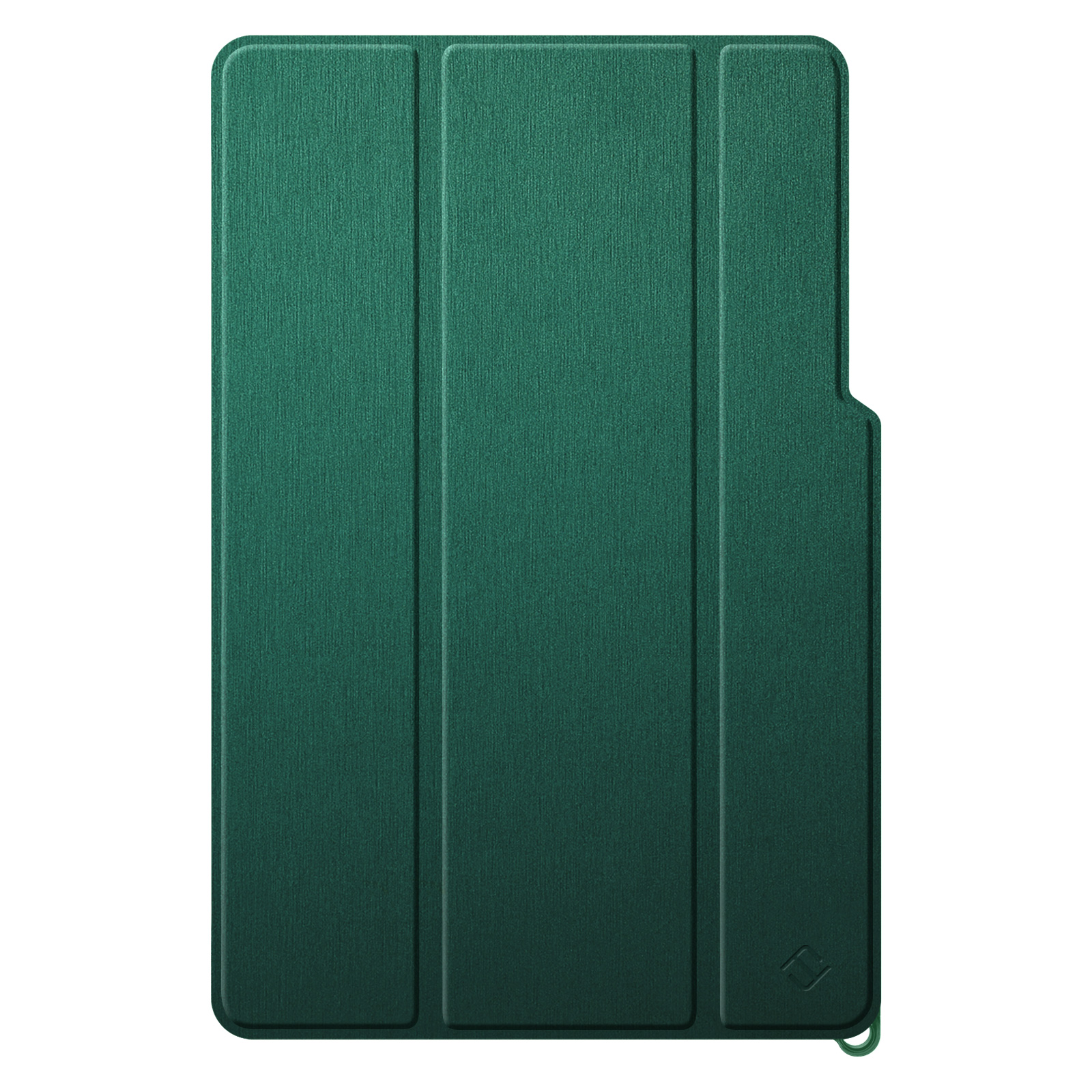 Grüne Tablet-Hülle mit strukturierter Oberfläche, drei vertikalen Falten und einer kleinen Schlaufe.