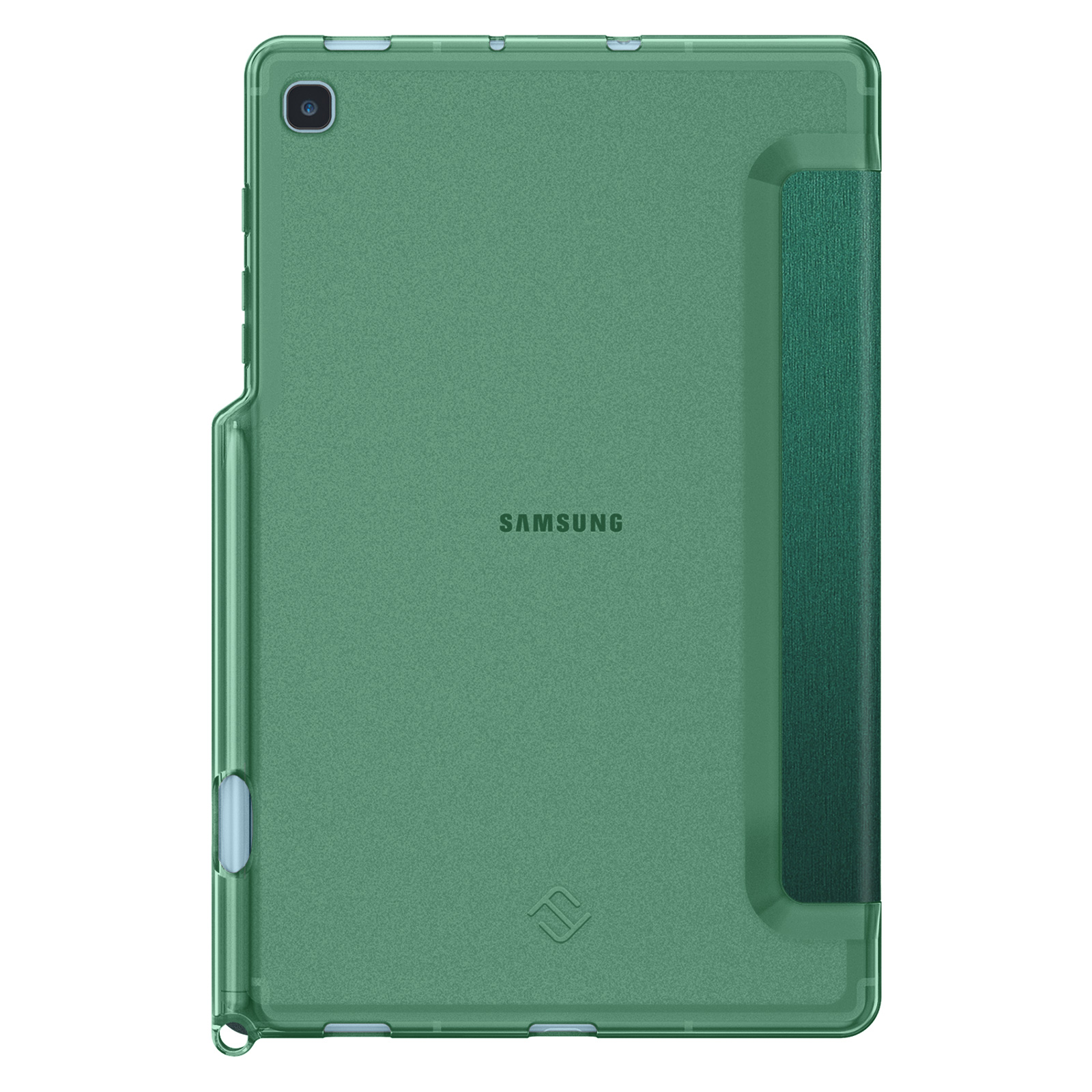 Grüne Samsung Tablet-Hülle. Sie hat einen Stifthalter und einen Stift.