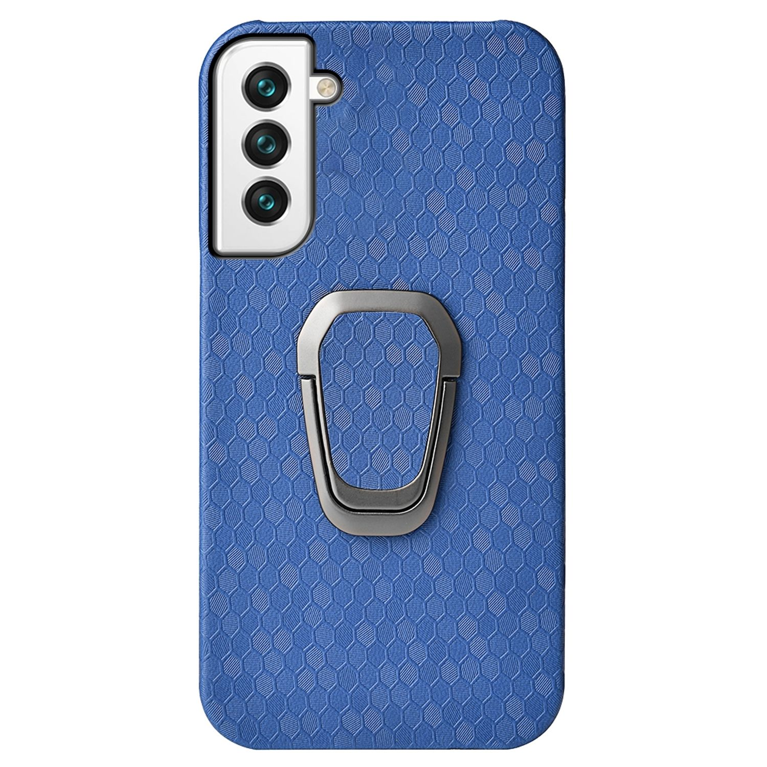 Blaue Handyhülle mit Ringhalterung und drei Kameras auf weißem Hintergrund.
