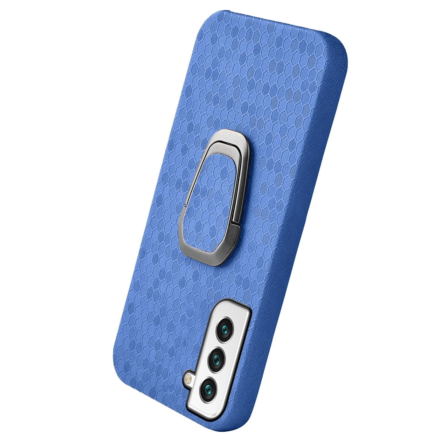 Blaue Handyhülle mit Ringhalterung und drei Kameras, abgewinkelt, auf weißem Grund.