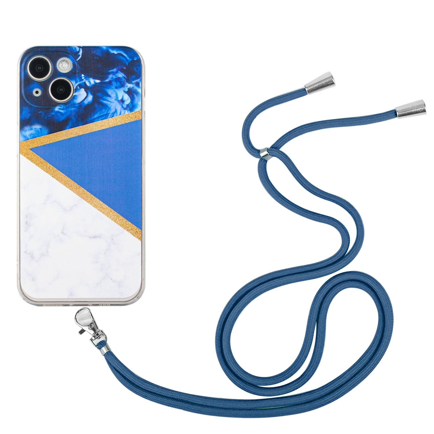 Eine blau-weiß gemusterte Handyhülle mit angebrachtem blauen Umhängeband.