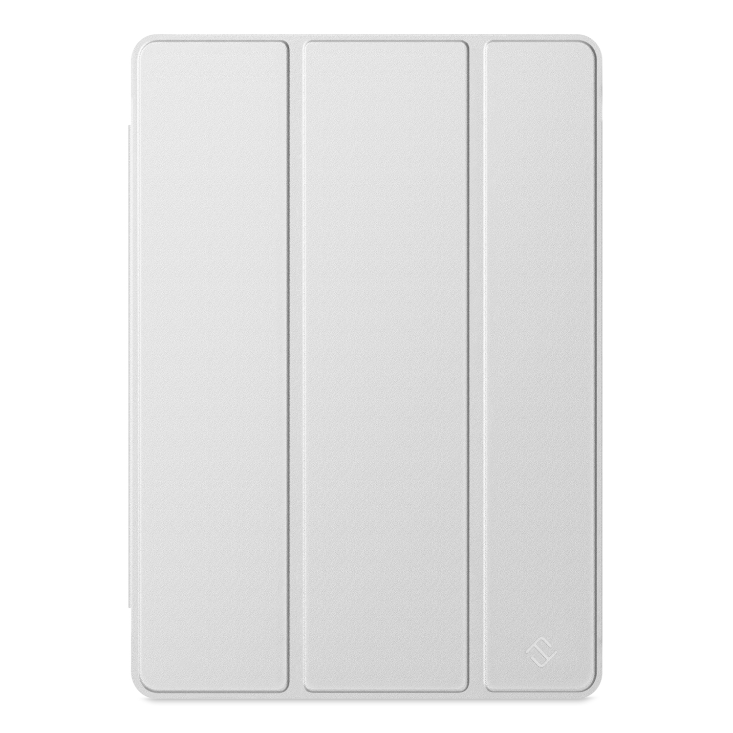 Eine weiße Tablethülle mit drei faltbaren Paneelen. Geschlossen auf weißem Hintergrund.