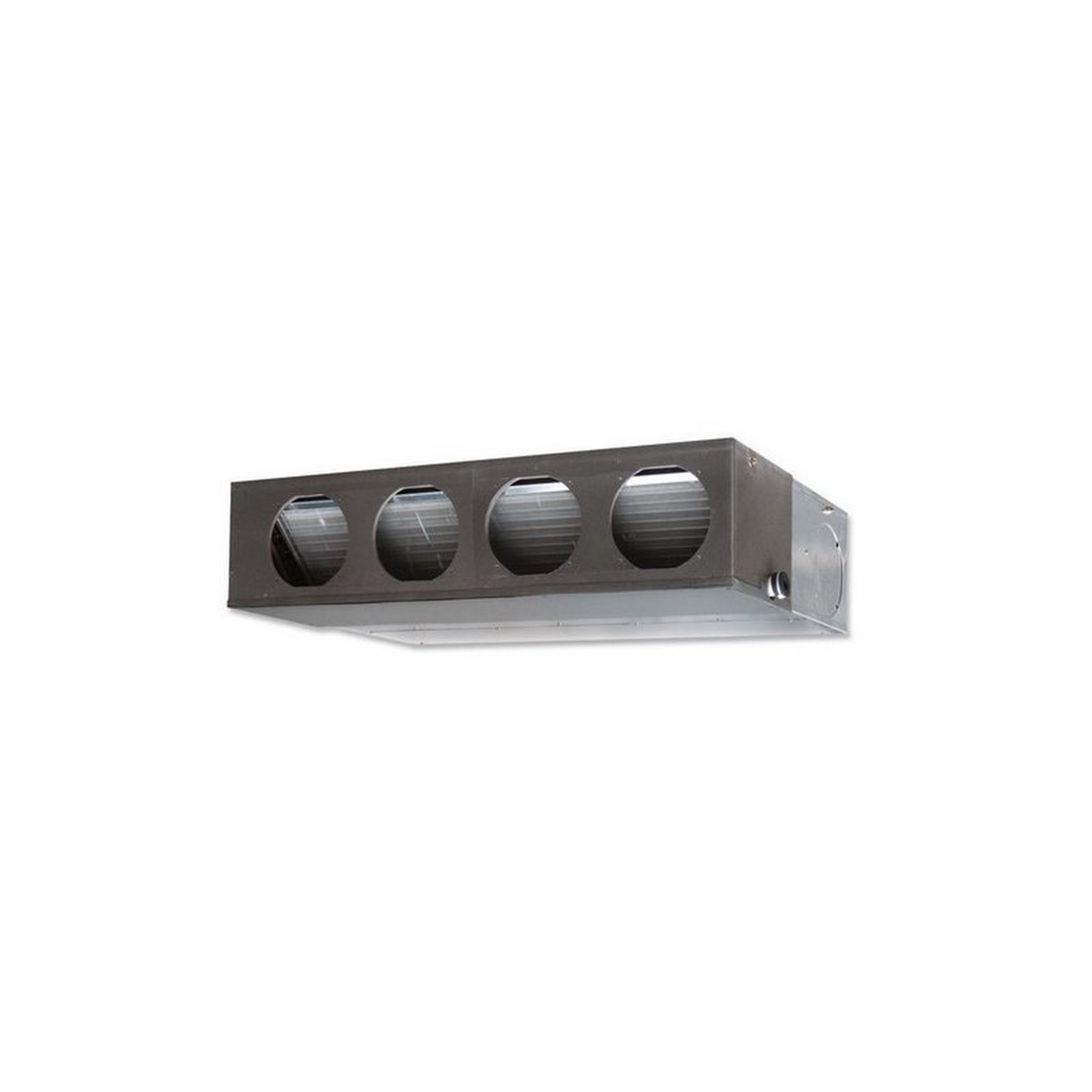 Un sistema de ventilación rectangular con cuatro aberturas, gris, sobre un fondo blanco.