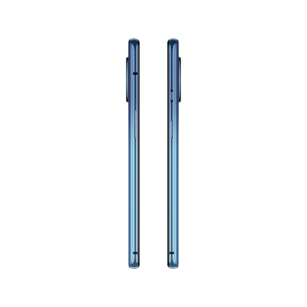 Twee zijaanzichten van een slanke blauwe smartphone, die de randen tonen. Witte achtergrond.