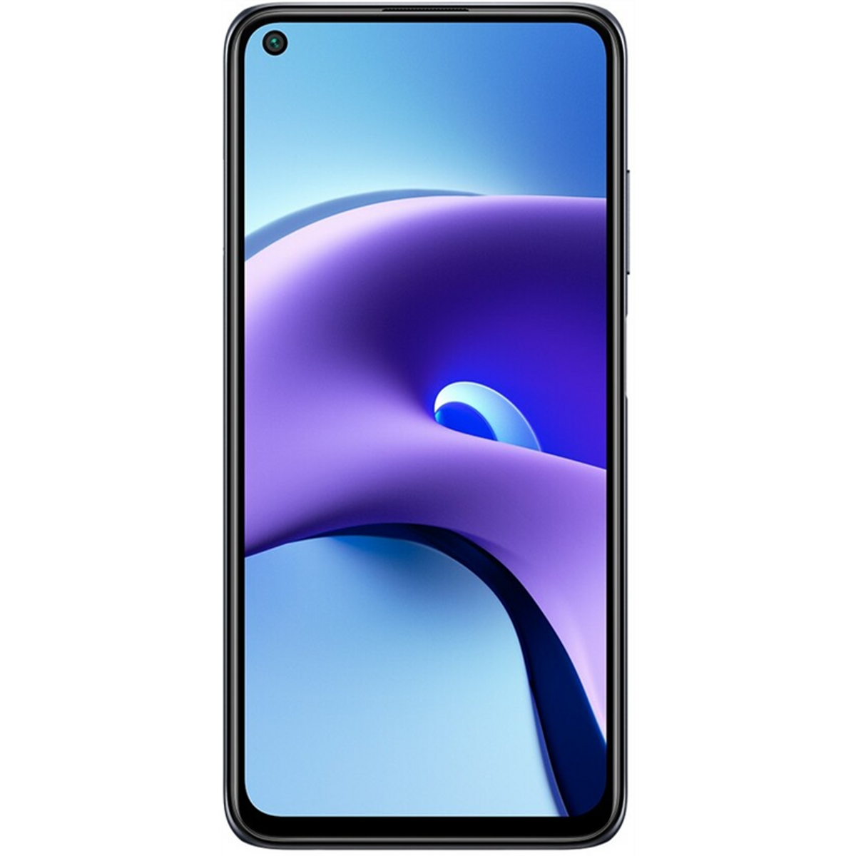 Ein Smartphone mit lila abstraktem Hintergrund auf dem Bildschirm, schwarzem Rahmen und Frontkamera.